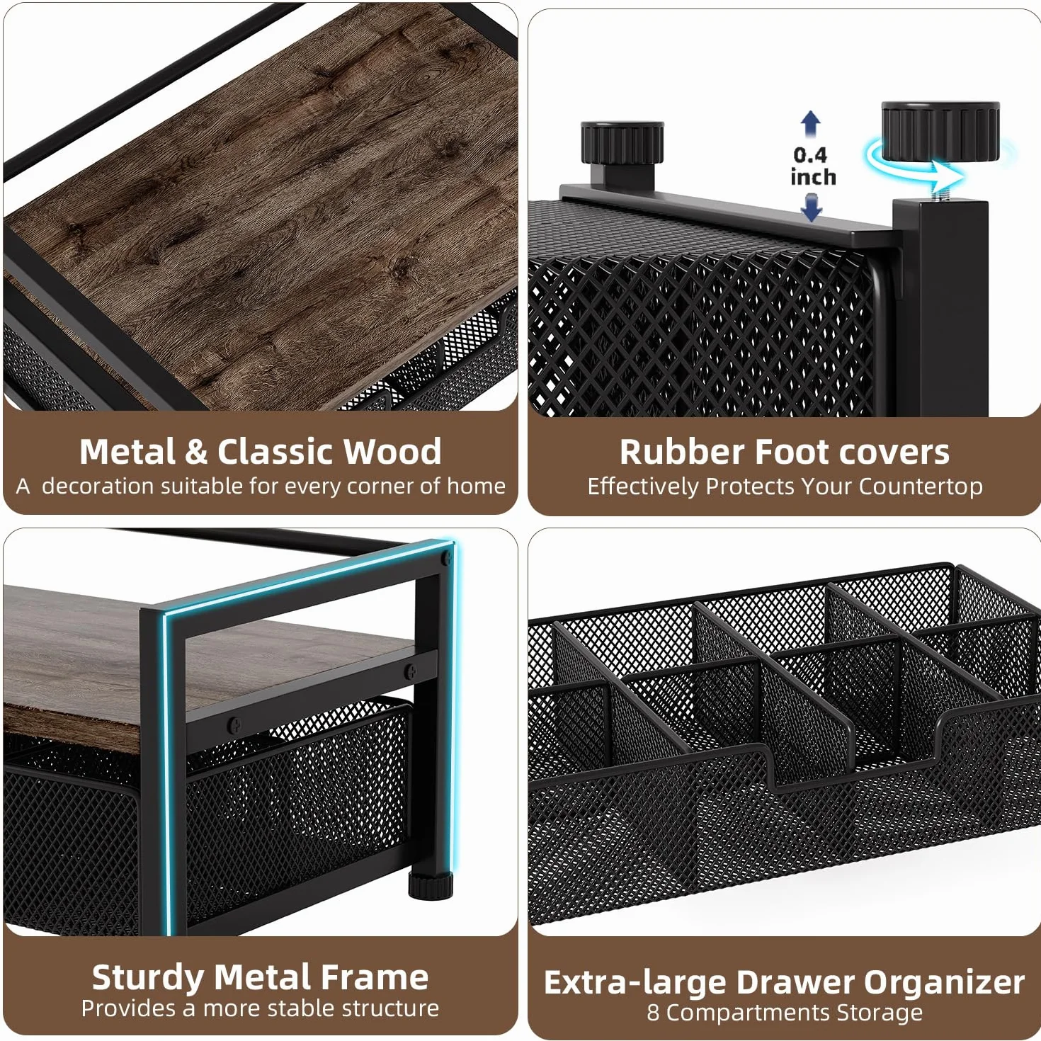 Soporte Metálico para Bolsitas de Té con 8 Compartimentos,Caja Te Organizador de Infusiones con Cajón,Negro