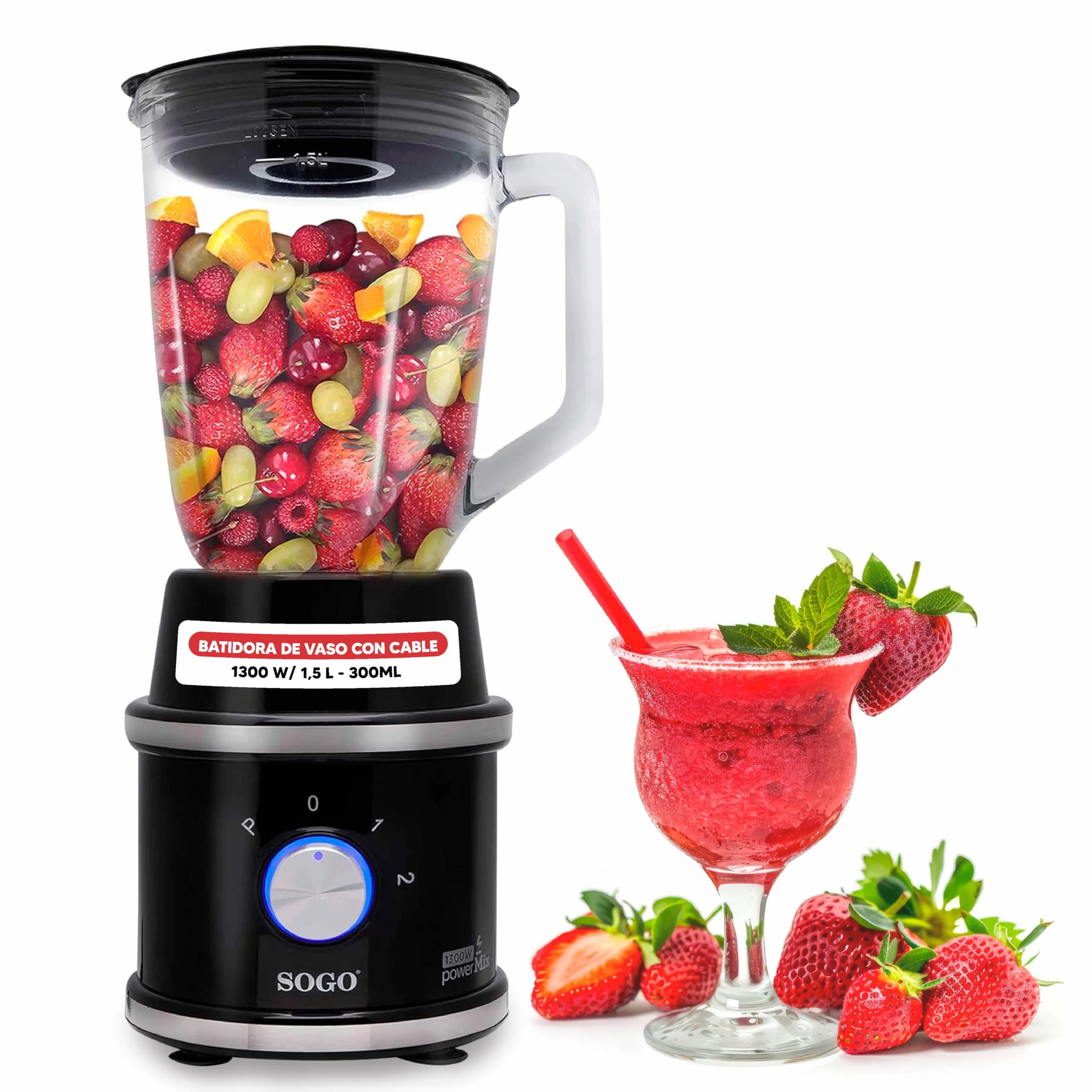 SOGO Batidora de Vaso, Dos Jarras de 1,5 Litros y de 0,3 Litros, Cuchilla Acero Inoxidable 1300W, Negro (BAT-SS-5545)