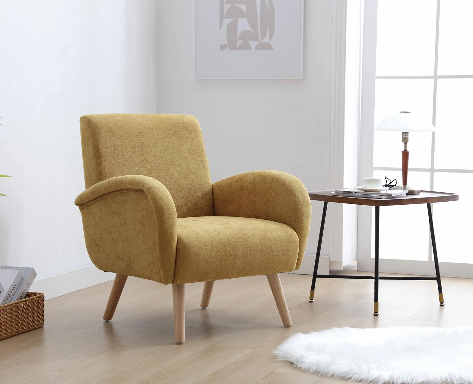 Ya-Home Sillon Individual Moderno Butaca de Salón Tapizado en Chenilla,Silla Relax con Reposabrazos Minimalista Silla de Ocio con Patas Maderas para Dormitorio/Habitación,Amarillo