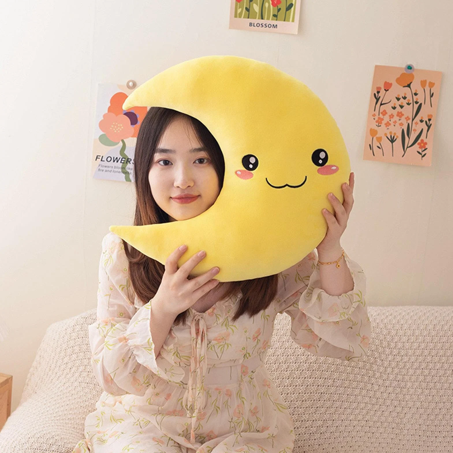 Cojín decorativo para habitación infantil de luna, 25 cm, almohada de peluche para bebé, cara sonriente bordada
