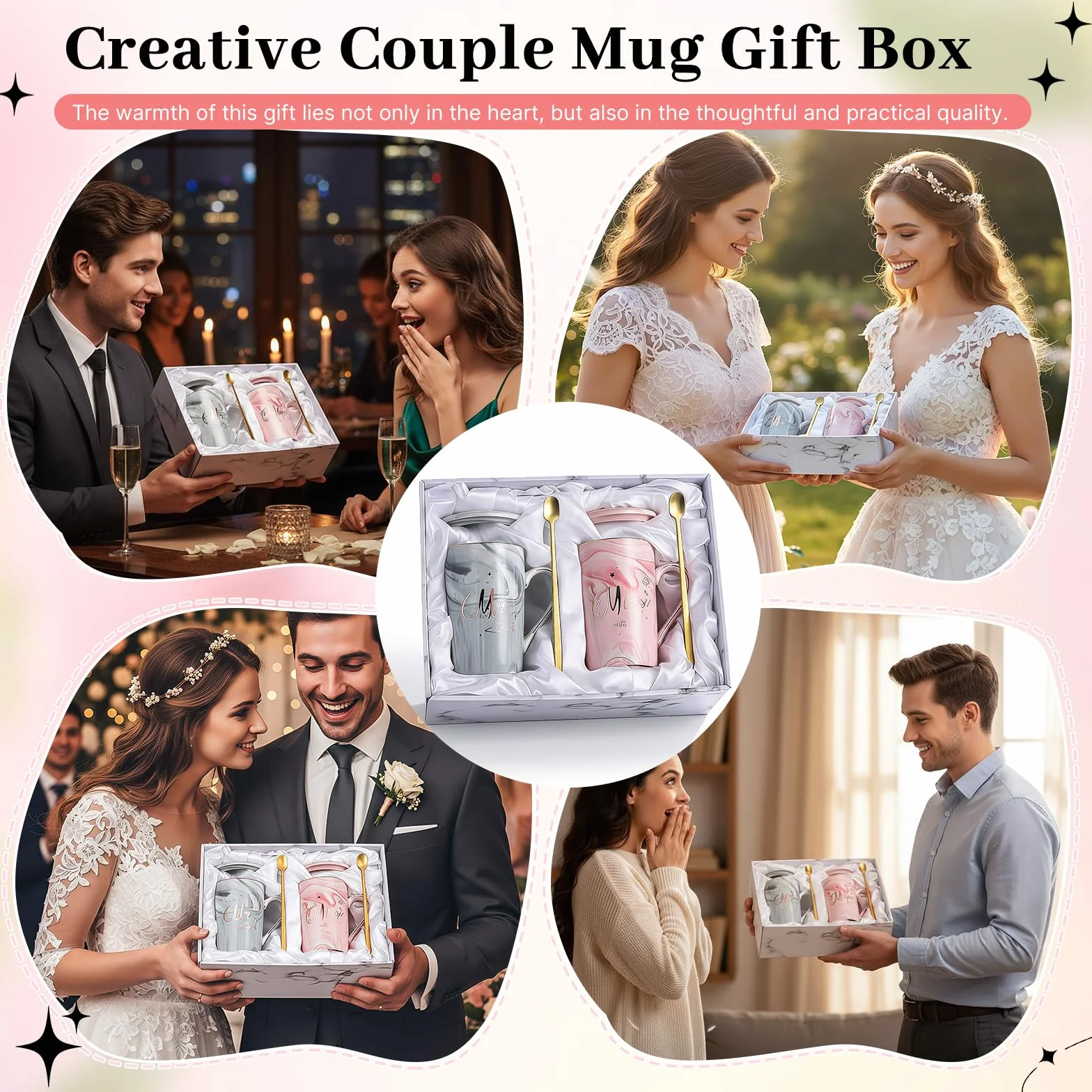 2Pcs Sr. y La Sra. Tazas De Regalo,Mr y Mrs Set de Tazas de Café,400ml Taza de Cerámica con Patrón de Mármol,con Tapa y Cuchara,Caja de Regalo,para Aniversario de Boda,Parejas Casadas