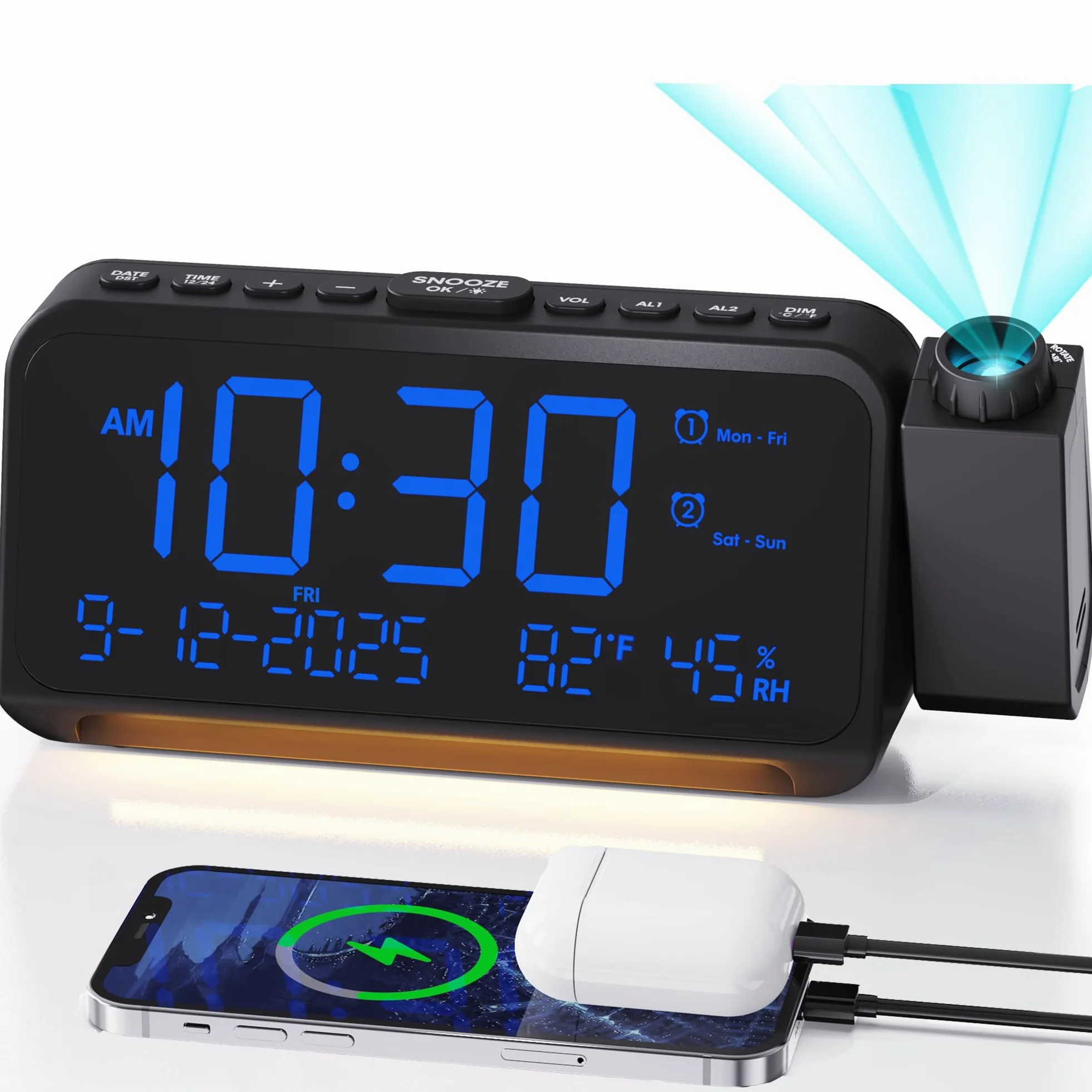 Roxicosly Reloj despertador de proyección para techo de dormitorio, 118 dB súper fuerte para personas que duermen mucho, pantalla digital regulable grande de 6.7 pulgadas con fecha de día, humedad de