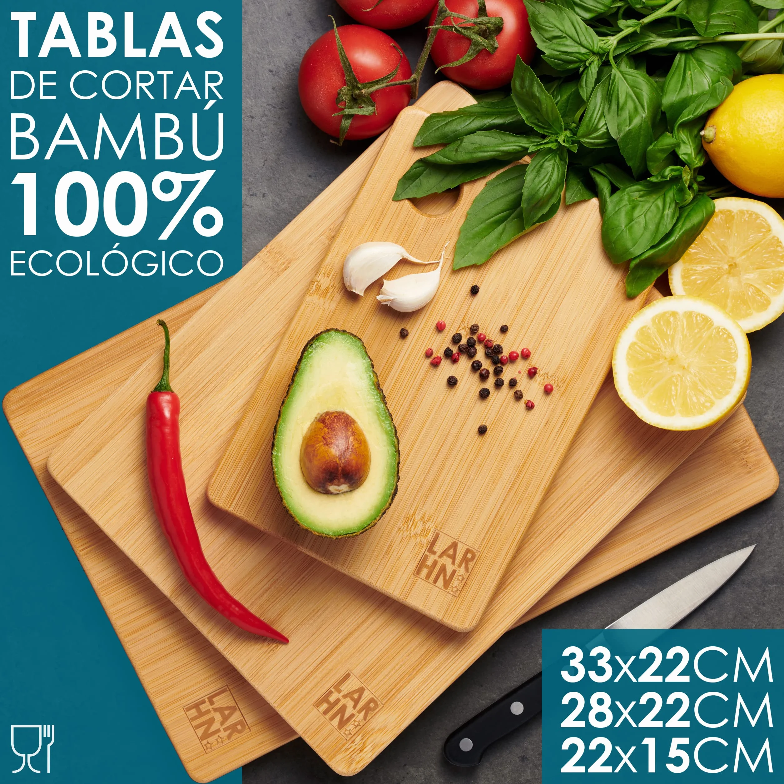 LARHN. Tablas de Cortar Cocina en Madera de Bambú – 3 Tablas Extra Gruesas 1,5 cm – Tabla de Cocina 33x22 / 28x22 / 22x15 cm – Resistentes, Fáciles de Limpiar y Respetuosas con los Cuchillos