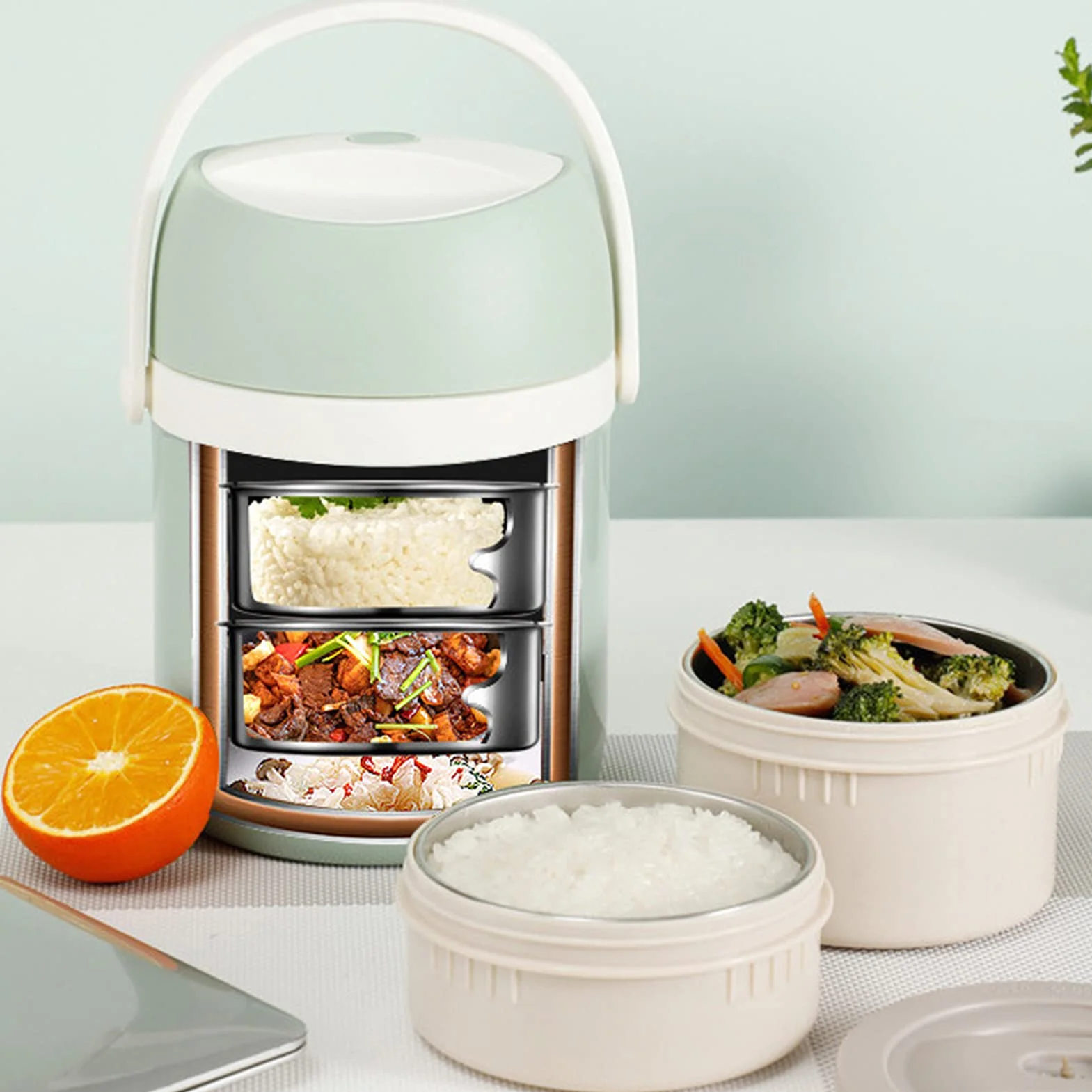 Fiambrera Térmica de Acero Inoxidable, Frasco Aislante térmico para Alimentos Apilable a Prueba de Fugas,Lunch Box Caja bento con Bolsa de Almuerzo y Cuchara Tenedor,Verde,1.6L+2 Layers
