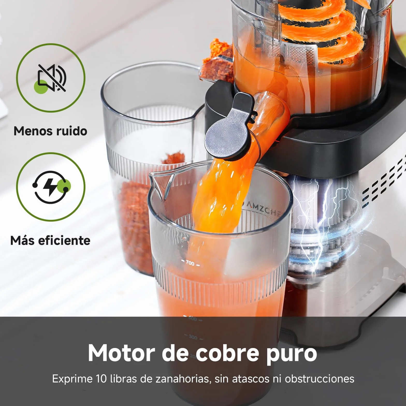 AMZCHEF Extractor de Zumos, Slow Juicer con Apertura de 120MM, Capacidad de 2 L, Licuadora Prensado en Frío para Frutas y Verduras Enteras, Cuerpo de Acero Inoxidable, Fácil Montaje y Limpieza, Plata