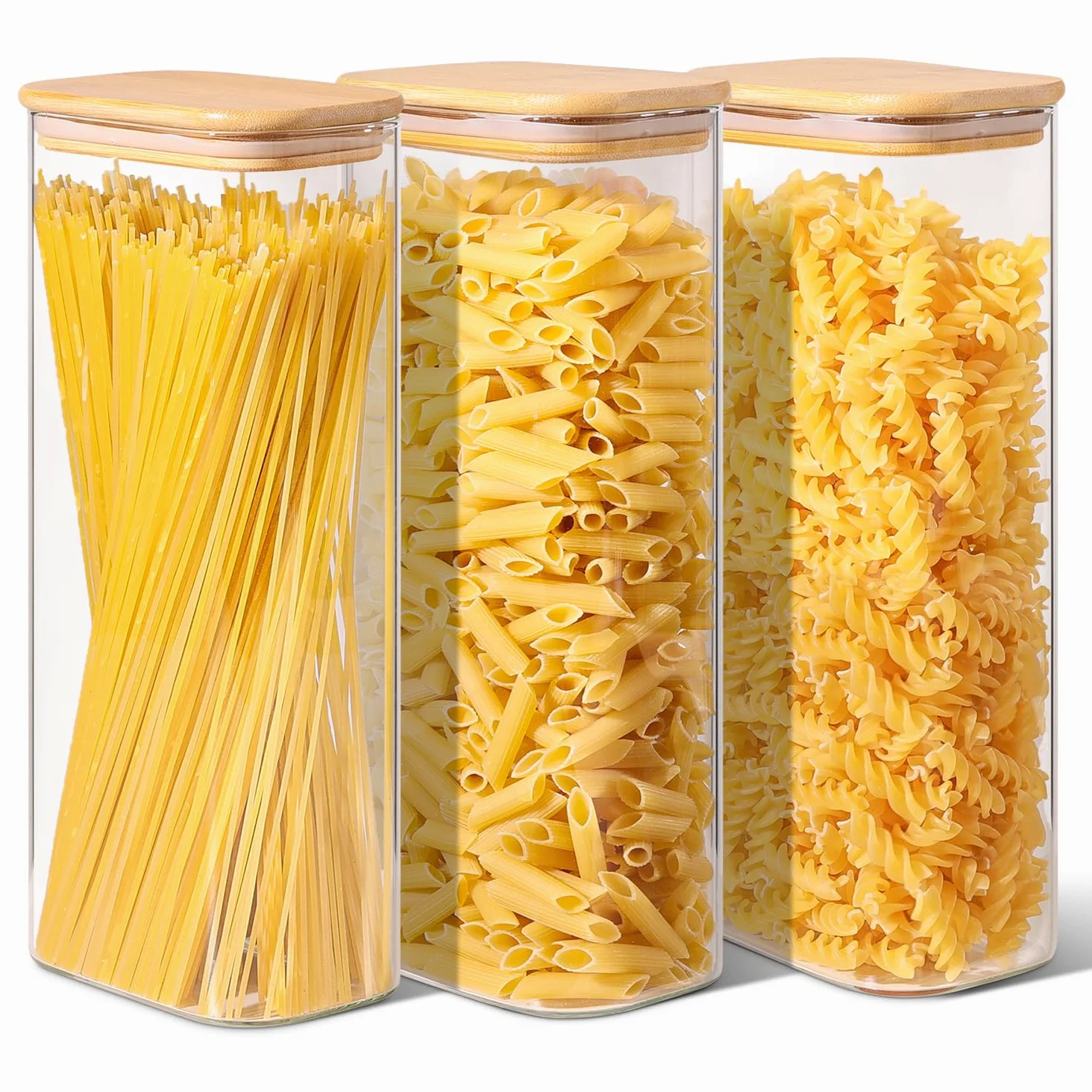 ComSaf Tarros de cristal con tapa 2,1 L, pack de 3 para cocina y despensa | Frascos de vidrio, Botes cocina almacenaje, Tapas de bambú, Pienso para perros, Hojas de té, Anís estrellado