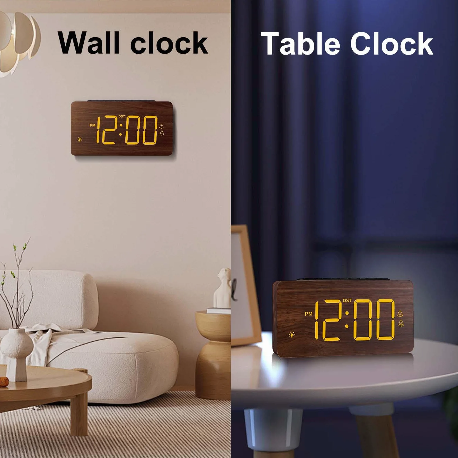 Reloj despertador digital de madera para dormitorios, alarma extra fuerte para personas que duermen mucho, volumen y brillo ajustables, DST, doble uso como reloj de escritorio/pared, elegante