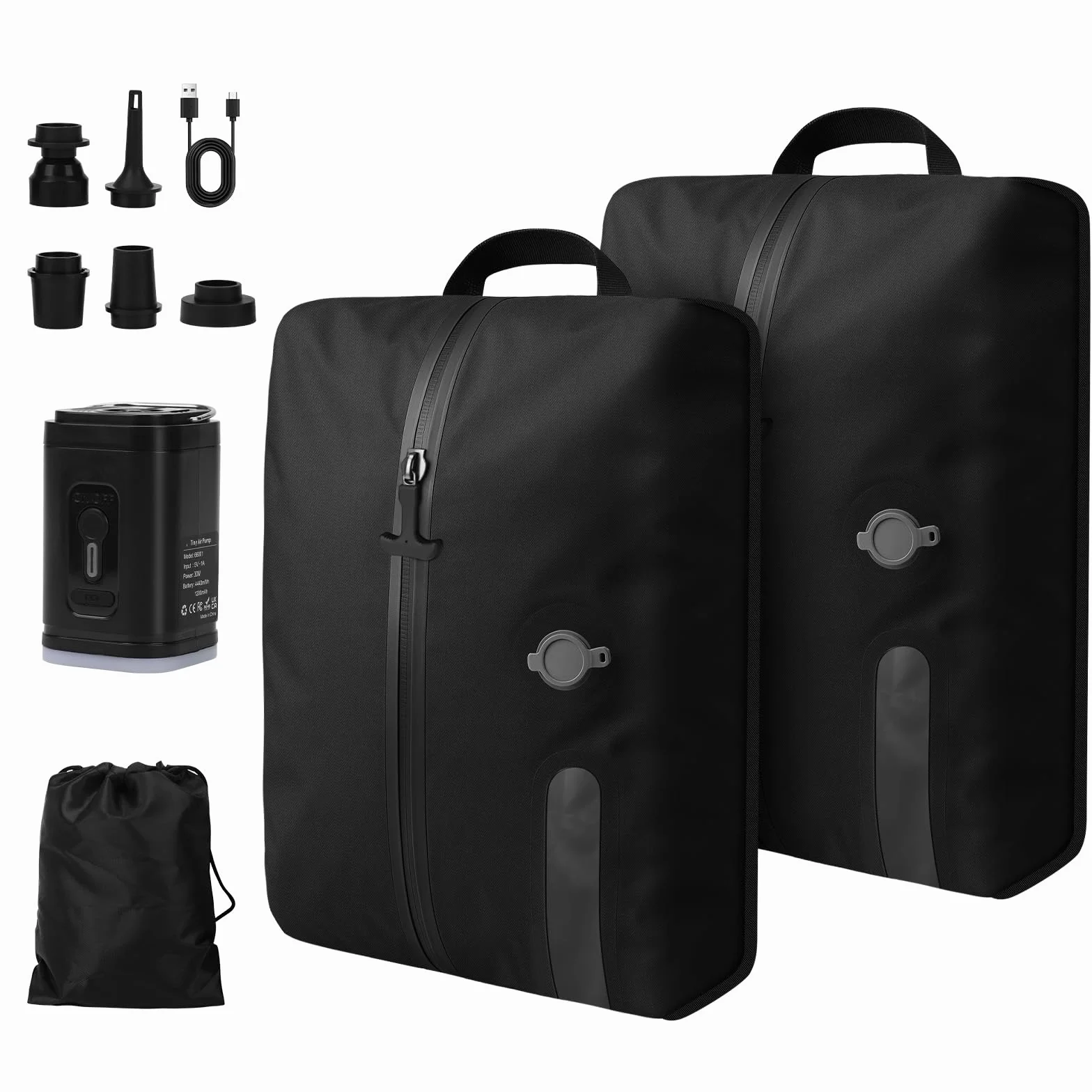 WingFly Bolsa al vacío para ropa de viaje con bomba inalámbrica, IP67 bolsa de compresión reutilizable para maleta y mochila, ahorra espacio, ligera y duradera (negro, 2 piezas + bomba)