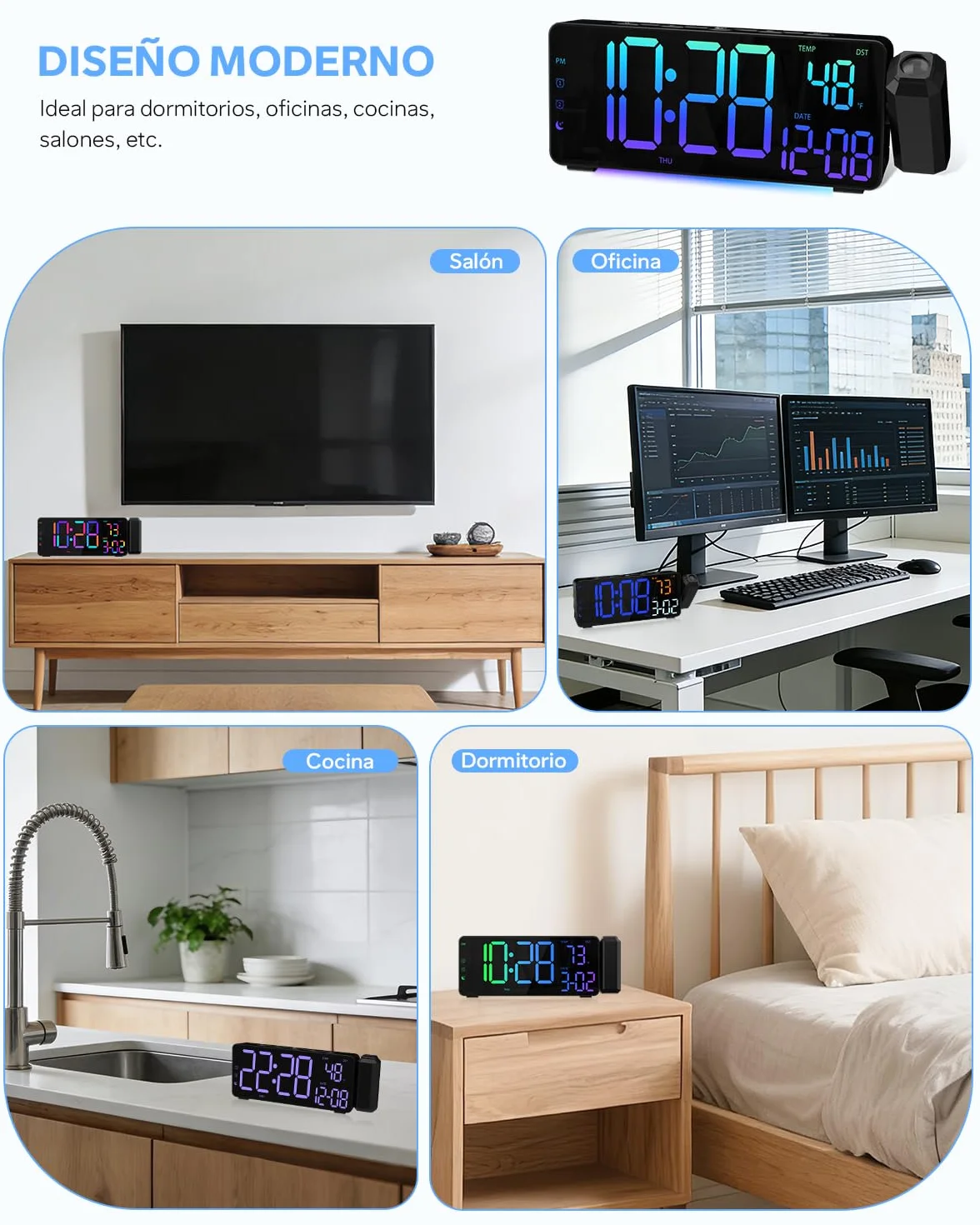 Despertador de Proyección Reloj Digital LED con Proyección para Dormitorio con Gran Pantalla Proyector 180°Cargador Puerto USB 12/24H DST Snooze Iluminación Ambiental RGB 2 Alarma Temperatura Fecha