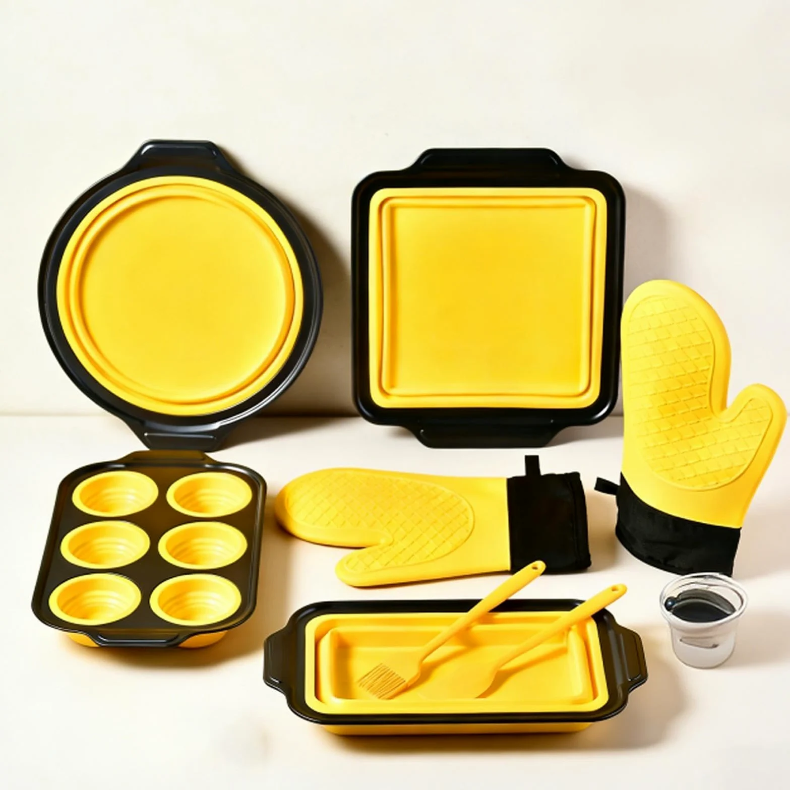 Juego de Moldes de Silicona para Hornear Vajilla Flexible para Hornear | Incluye Guante, Espátula y Cepillo Resistente al Lavavajillas, para Magdalenas, Pan, Galletas, Cupcakes, Huevos, Donuts y