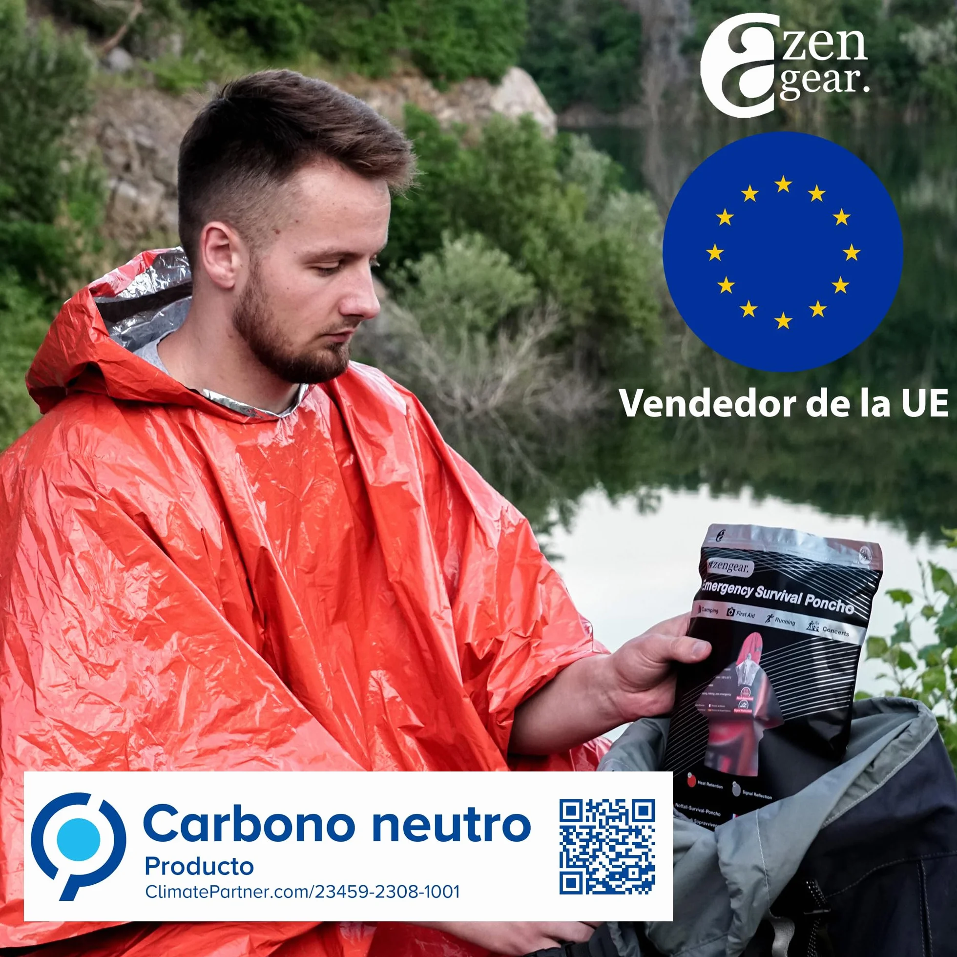 aZengear Poncho de Supervivencia 4 Piezas Manta Térmica de Emergencia Impermeable Resistente al Viento Reversible con Capucha Senderismo Naranja