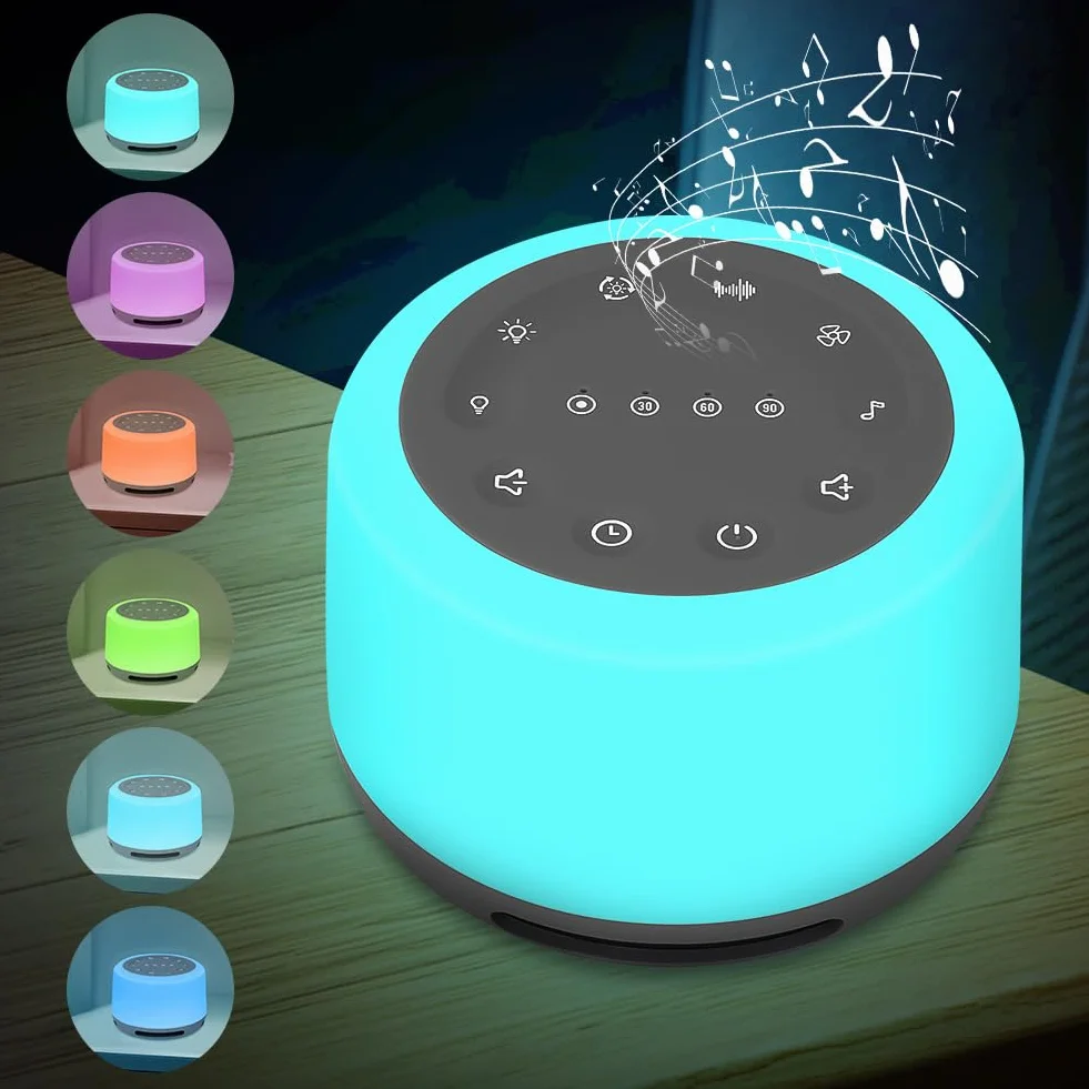 Máquina de Ruido Blanco Portátil para Dormir Bebé con 24 Sonidos Relajantes, 7 Colores, Luz Nocturna Ajustable, Temporizador