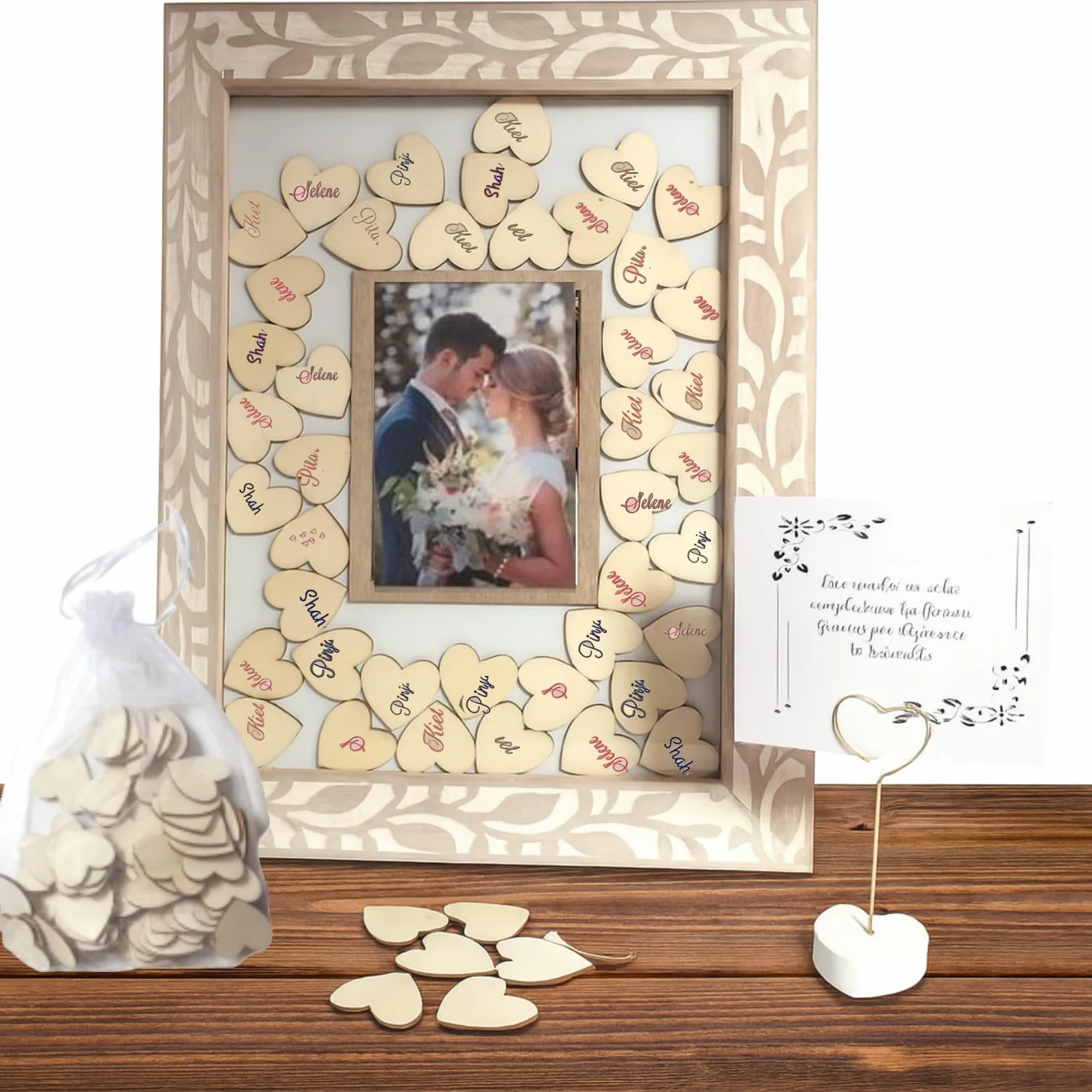 Cuadro de Firmas con 80 Corazones de Madera – Libro de Firmas Personalizado para Bodas, Aniversarios, 18 Años o Graduación – Marco Decorativo Rústico con Soporte Incluido