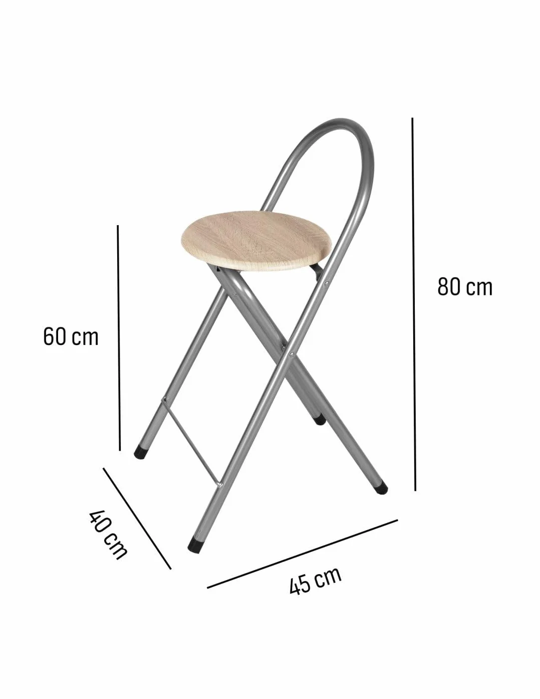 Jardin202 - Taburete Plegable 80x40x45 cm - Elegante y Duradero en Negro y Plata con Reposapiés, Ideal para Cocina | Pack 2 uds (Plata/Haya)