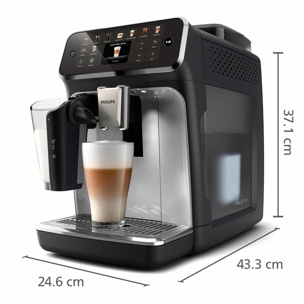 Philips Cafetera Totalmente Automática Serie 5500-20 cafés Calientes y Helados, Sistema de leche QuickClean LatteGo, 40% más Silenciosa Gracias a SilentBrew, QuickStart, Negro y Plata (EP5546/70)