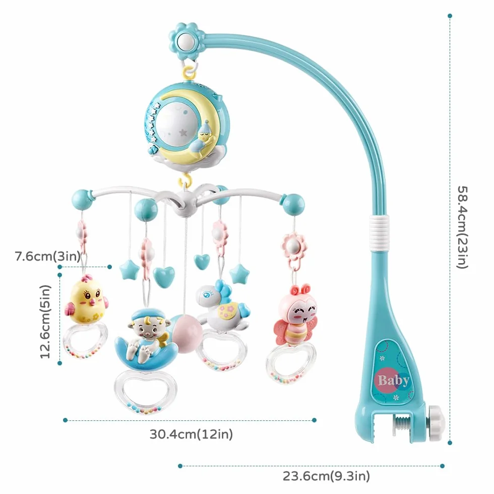 Mini Tudou Móvil para cuna de bebé cuna con musica y luces, función de temporización, Proyección, quitar el sonajero y caja de música, para bebes chicos Niñas pequeñas (azul)