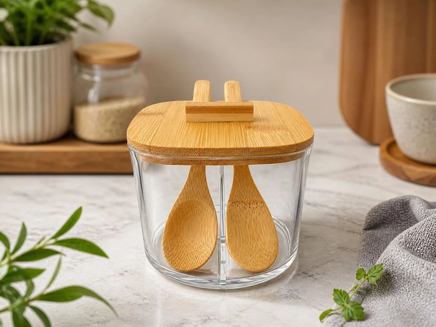 Azucarero Salero con 2 Compartimentos Tapa de Bambú y 2 Cucharas Recipiente para Azúcar Sal o Especias Organizador de Cocina Transparente Bote para Café y Condimentos