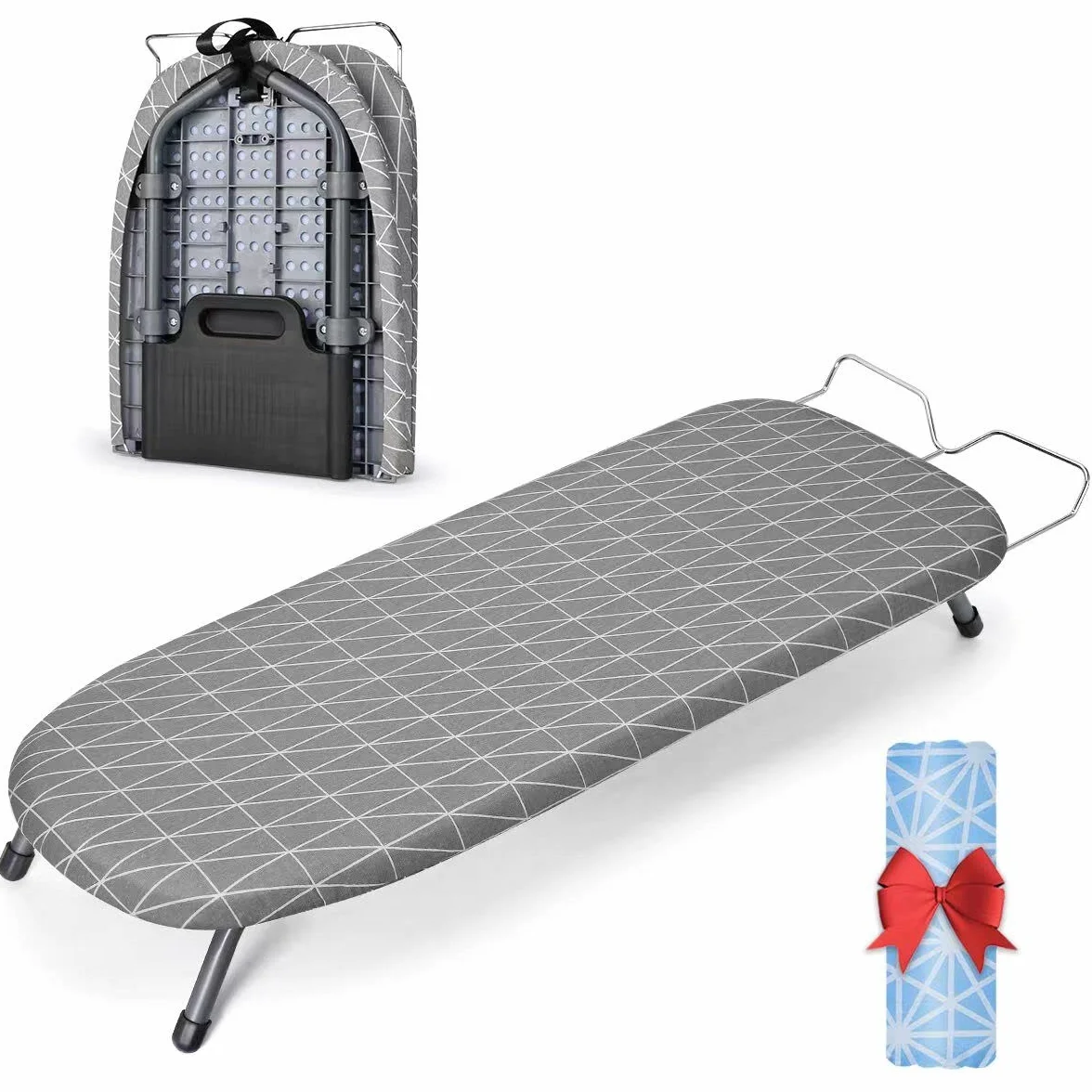 Johgee Tabla de planchar plegable con soporte para plancha, mesa compacta plegable de vapor con 2 fundas, patas plegables antideslizantes, peso ligero, ideal para apartamentos y caravanas, 82x32 cm