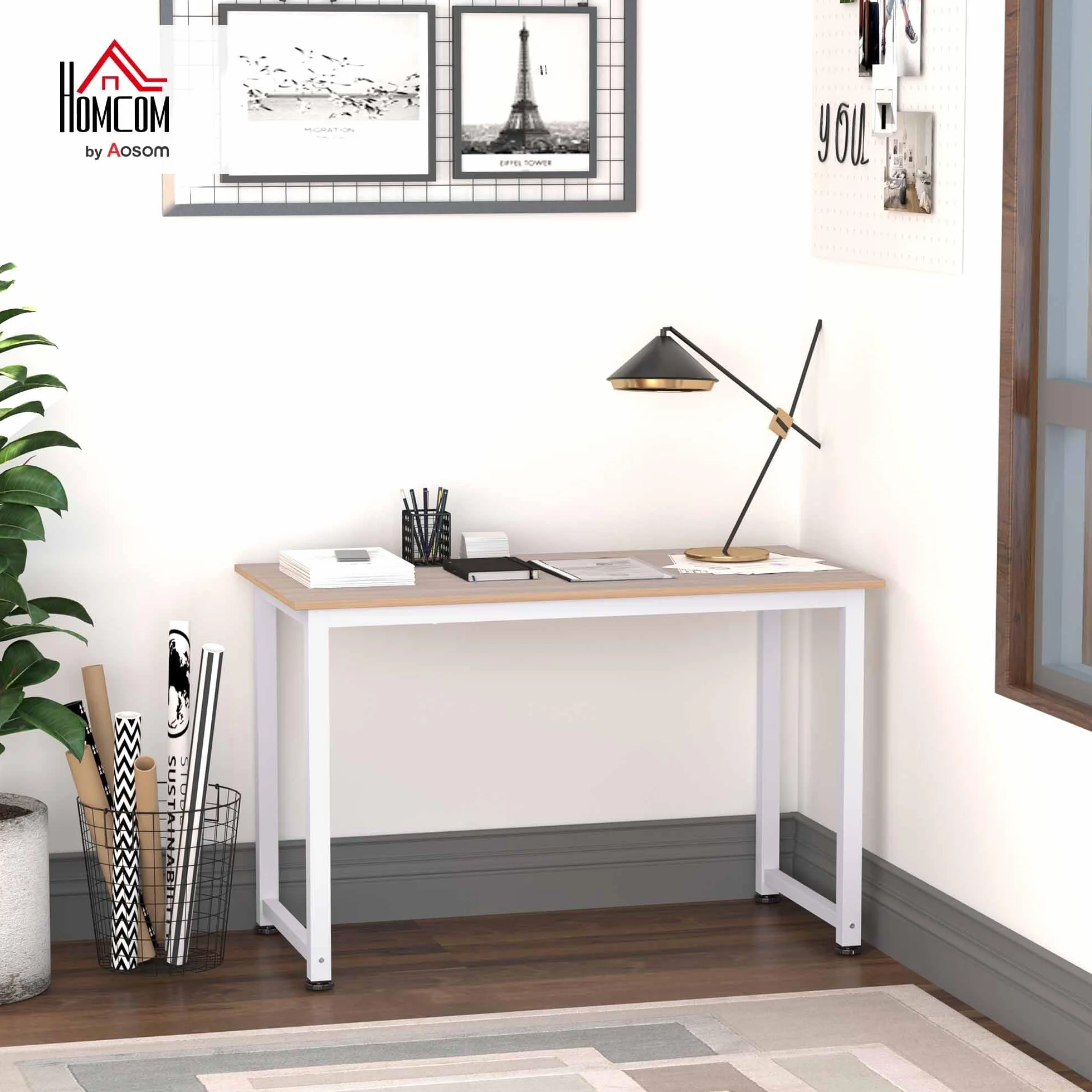 HOMCOM Mesa de Escritorio Moderna Marco Acero 120x60x76 cm Blanco y Natural | Mesa de Estudio, Pies Ajustables, Mesita de Ordenador, para Oficina Hogar