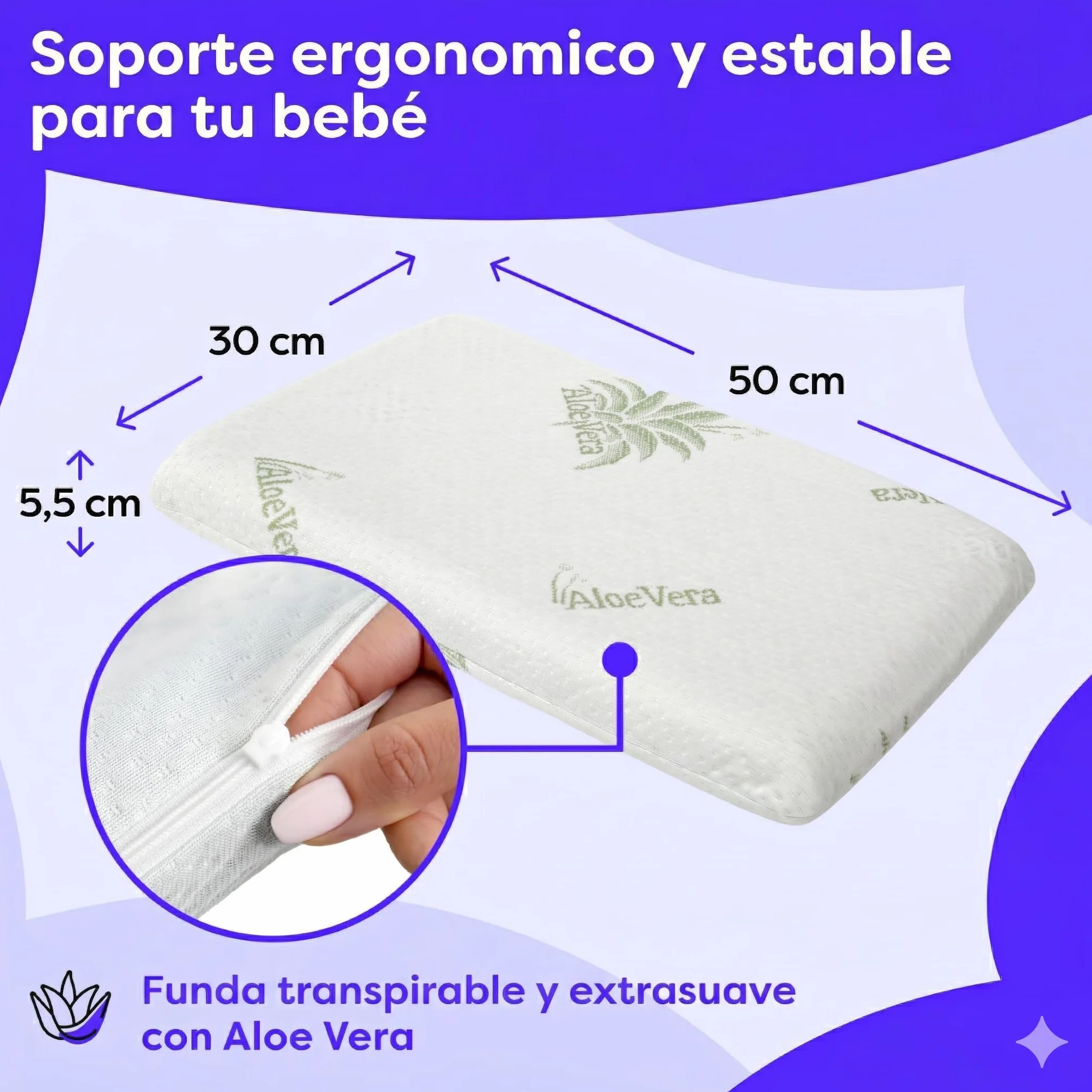 Wolkenfeld Almohada Bebe Espuma Viscoelástica 50x30x5,5 cm Ergonómica Funda Extraíble Aloe Vera Memory Foam Cuna