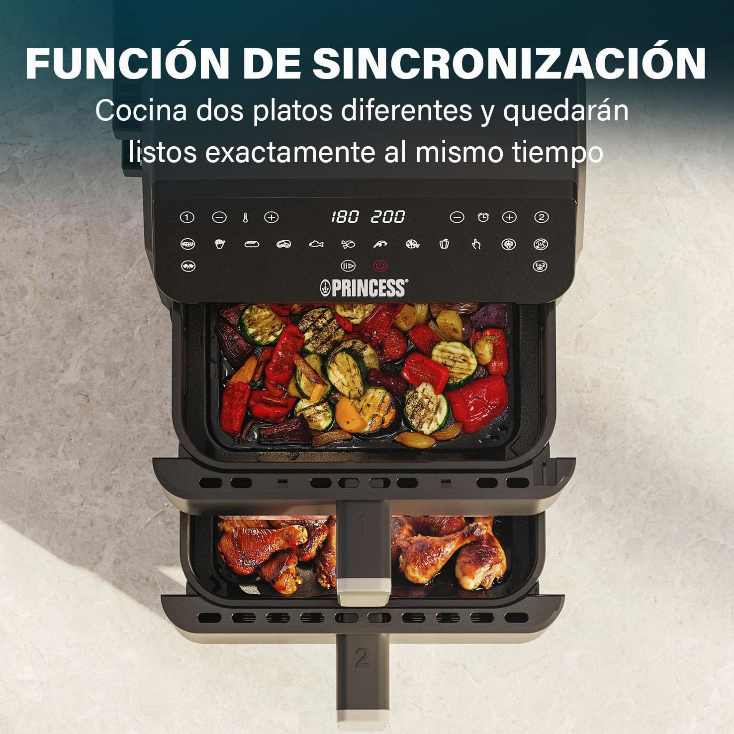 Princess Stack Freidora de Aire, Doble Freidora, 11,2 L, 3000 W, Diseño Vertical, Función Sincronizada, Revestimiento sin PFAS, Negro, 01.182278.01.001