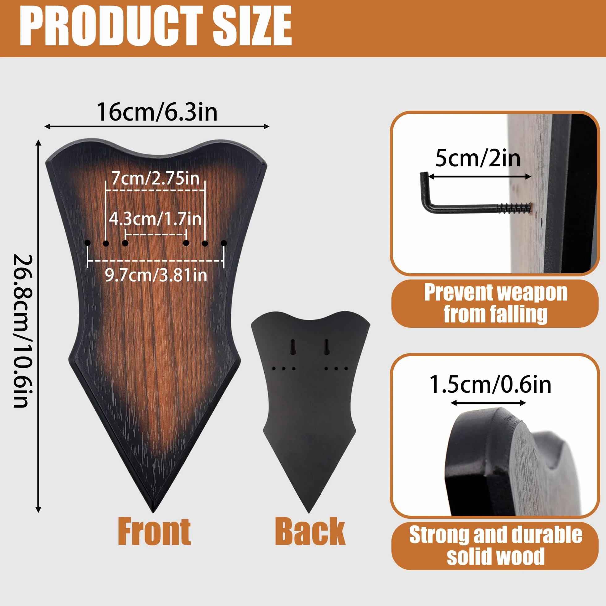 2 piezas ajustable vertical Espadas con hardware, medieval retro soporte colgar pared madera maciza marrón