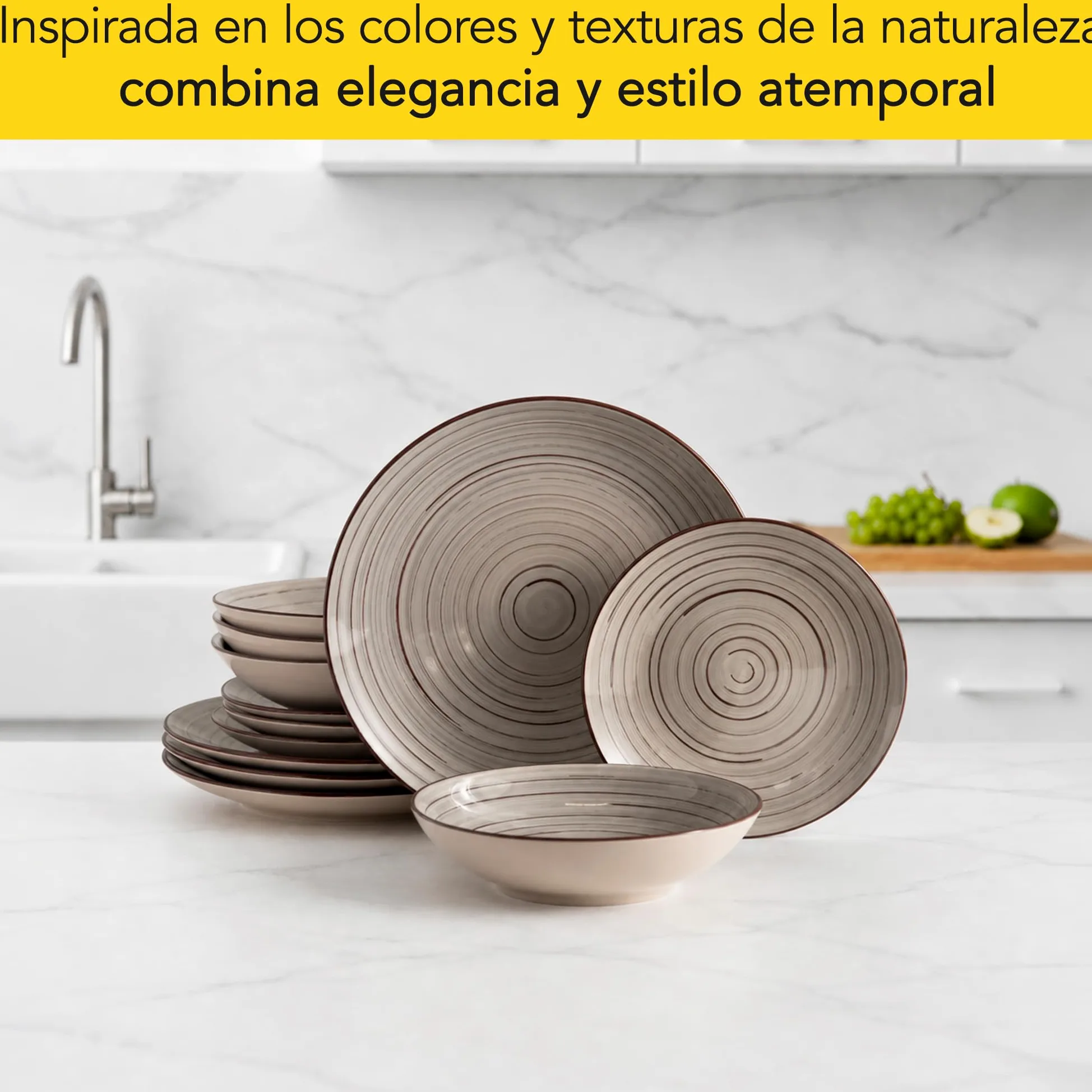 CASTEY - Vajilla Maia Terra de 12 Piezas para 4 Personas, Loza Cerámica Resistente, Incluye 4 Platos Llanos, 4 Platos Hondos y 4 Platos de Postre, Apta para Microondas y Lavavajillas, Fácil Limpieza