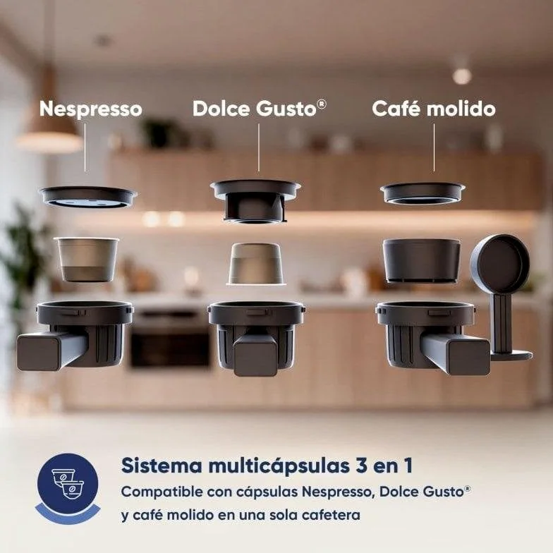 Barista Multi 3in1 Cafetera Multicápsulas 20 Bares 1400W Negra | Compatible con cápsulas Nespresso, Dolce Gusto y café molido