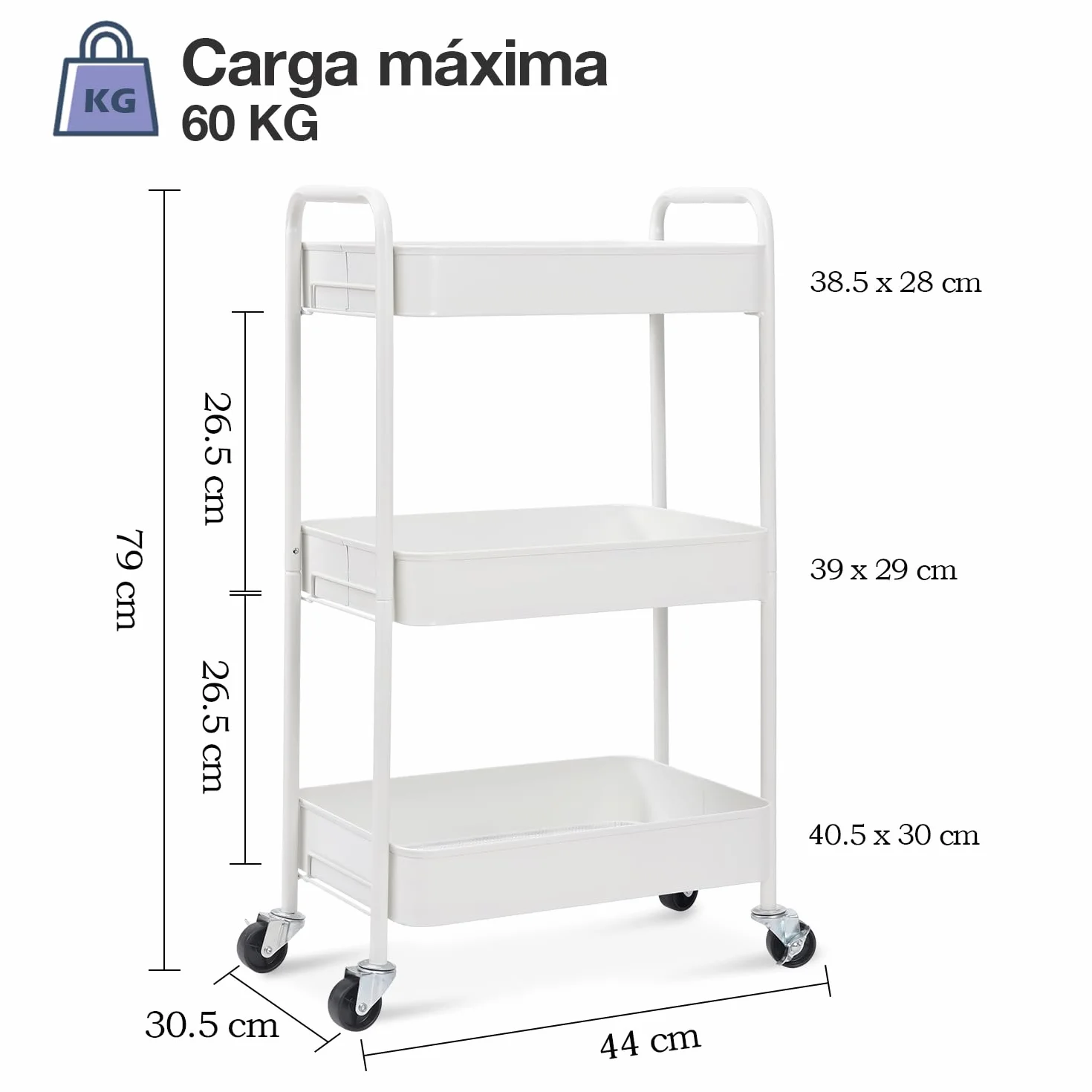 KINGRACK Carro de cocina, carrito con ruedas de 3 niveles, de metal, con asas de ruedas, carrito de estantería para oficina, salón, carrito multiusos para cocina, baño, cosméticos, sin tornillo, fácil