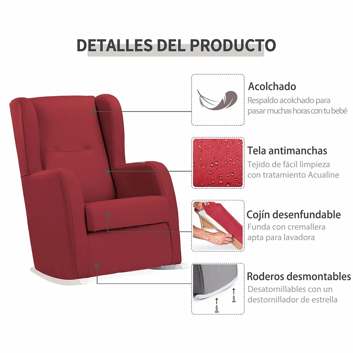 Sillón de Lactancia Amberes Estrecho con Patines Blancos Balanceo Suave Respaldo Alto Tela Antimanchas Beige 102x66x89 cm