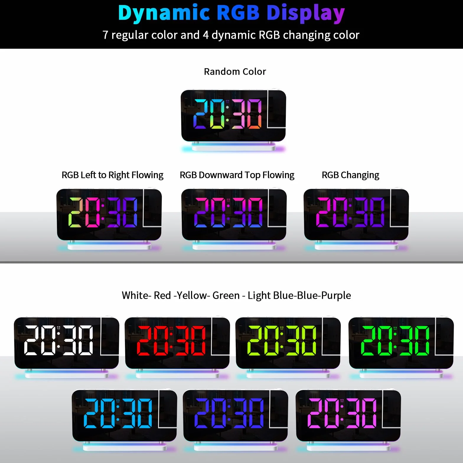 ThreeH Reloj Despertador Proyección LED RGB Colorido Reloj con Superficie de Espejo Auto Dimming Voleme Ajustable Doble USB Puertos de Carga Luz Nocturna Blanco