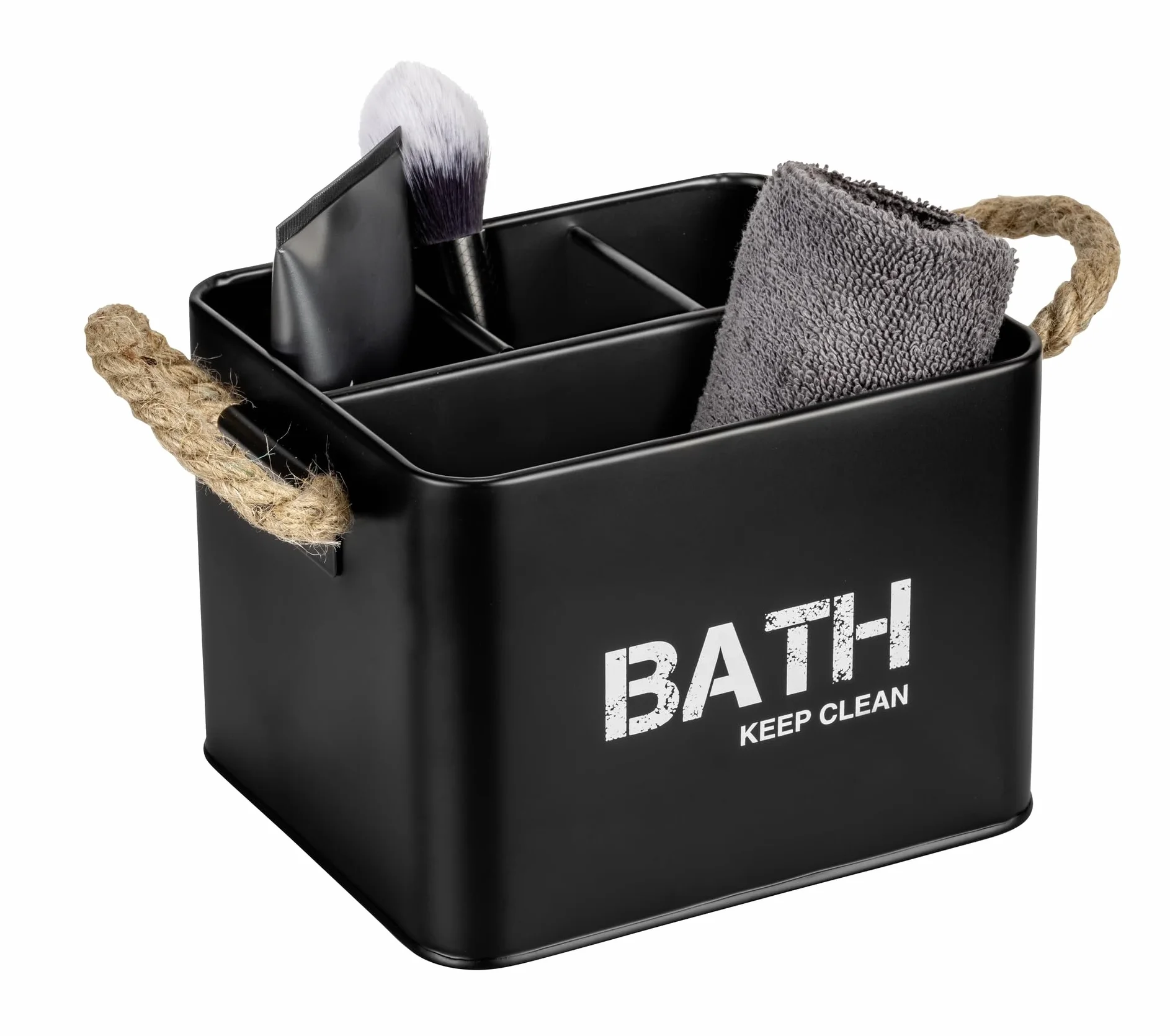 WENKO Caja para el baño Gara con 4 compartimentos negro - Caja de almacenaje, cesta para el baño Capacidad: 2.37 l, Acero, 19 x 12.5 x 13 cm, Negro