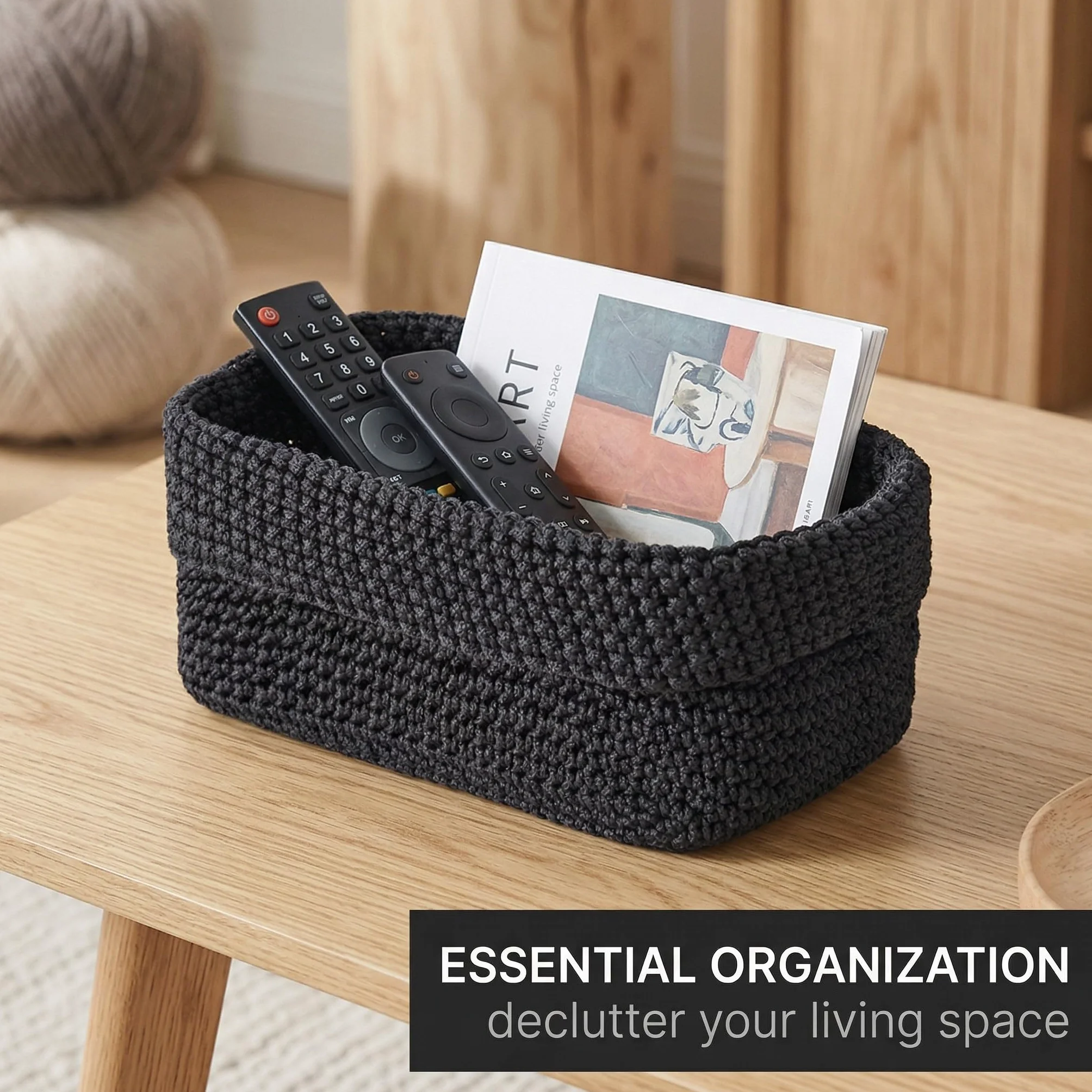 Cesta de Almacenamiento Negra Tejida a Mano en Cuerda de Algodón 21×13×15,5 cm Organizadora para Cocina Baño