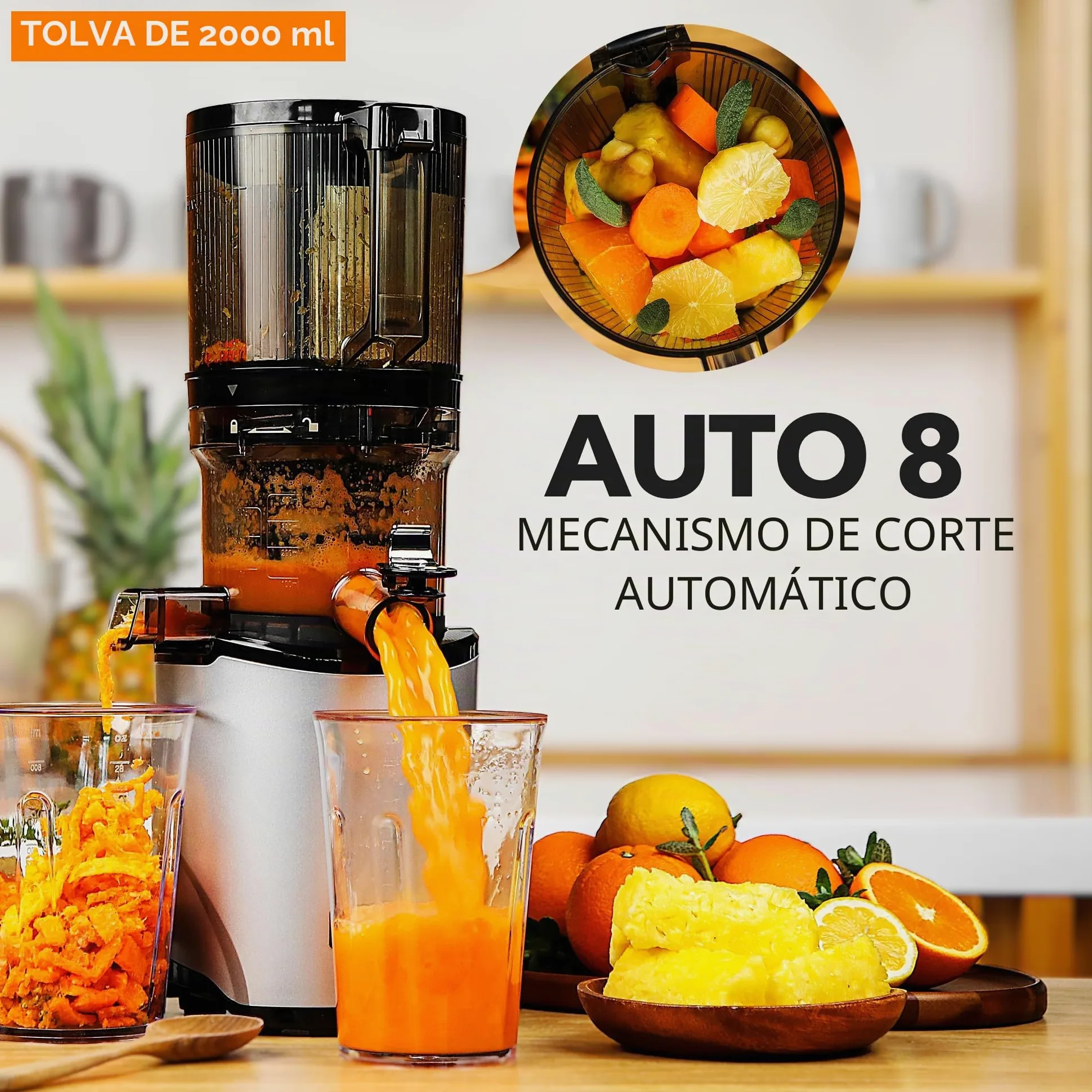 Kuvings Extractor AUTO8, exprimidor y licuadora - Lenta y fácil de limpiar, capacidad 2L, motor de 200 W ideal para frutas, verduras y smoothies.(Negro)_KHS-860SE