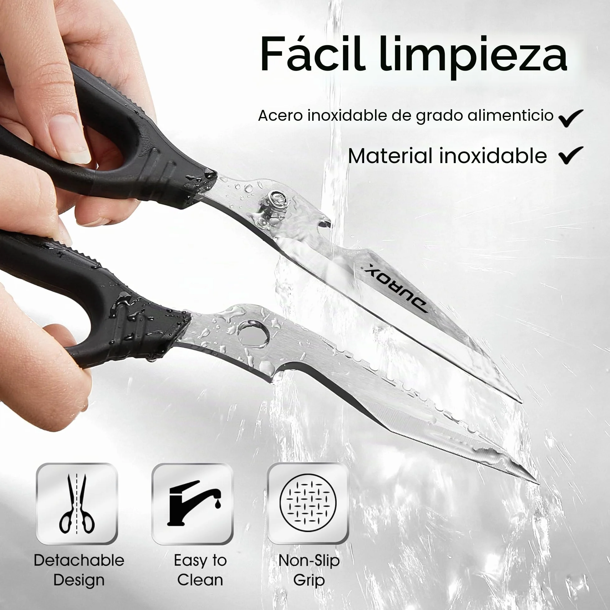 DUROX Tijeras de Cocina Profesionales - Acero INOX con Funciones Multipropósito y Afilador Incorporado. Tijera para Cortar Pizza, Carne y Marisco. Diseño Desmontable para una Limpieza Sencilla.