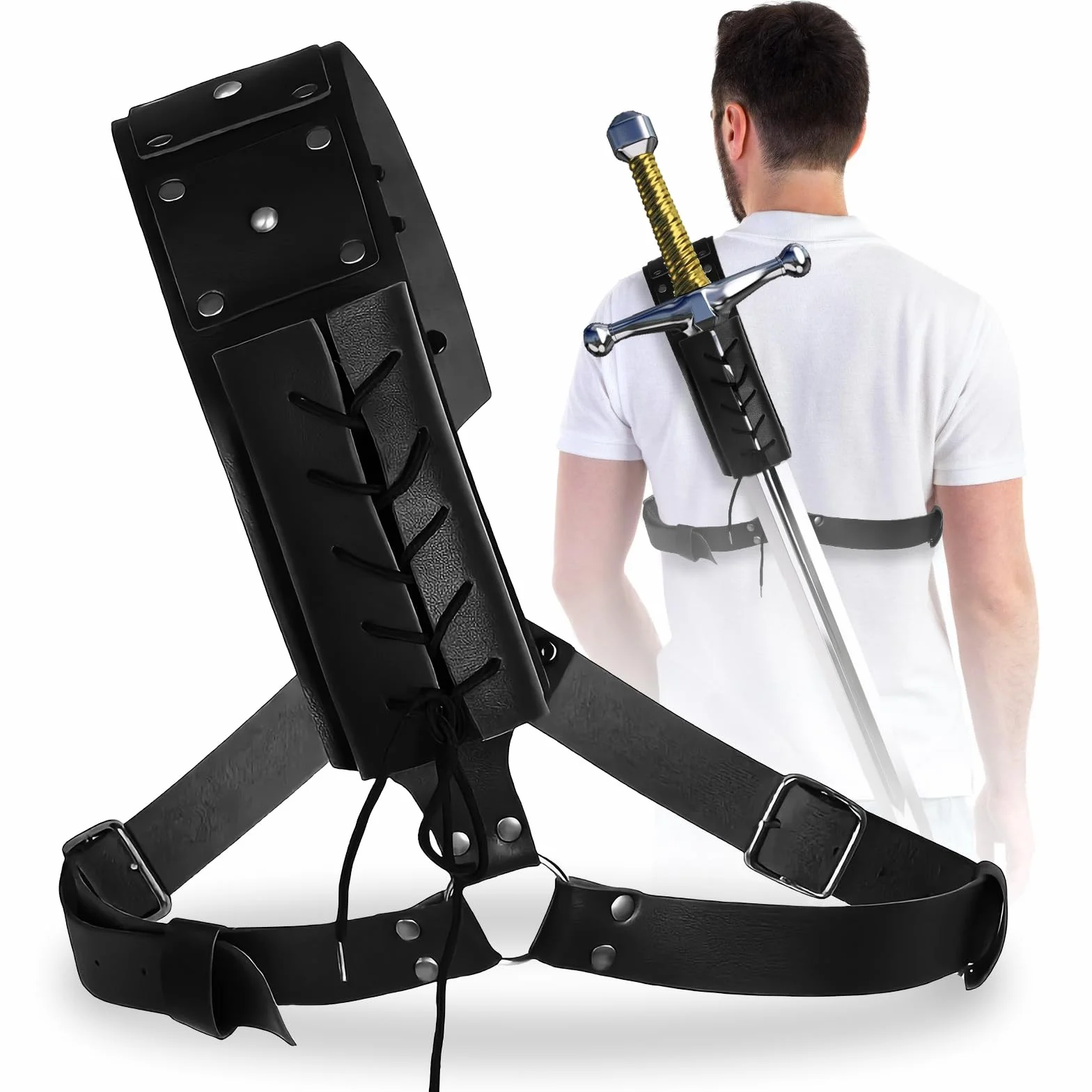 Espada retro medieval soporte de katana correa PU para cosplay samurái negro
