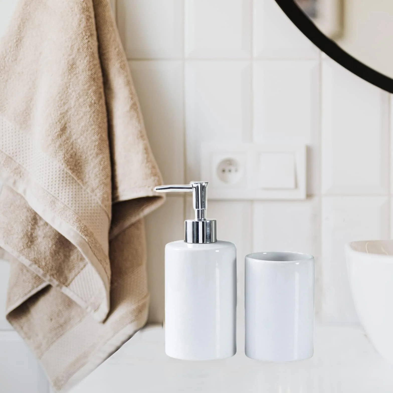 Juego de Accesorios para el baño Dispensador de jabón y Vaso for cepillos Dientes, Accesorios baño cerámica for encimera, for líquidos o lociones Decoración Antigua(White)