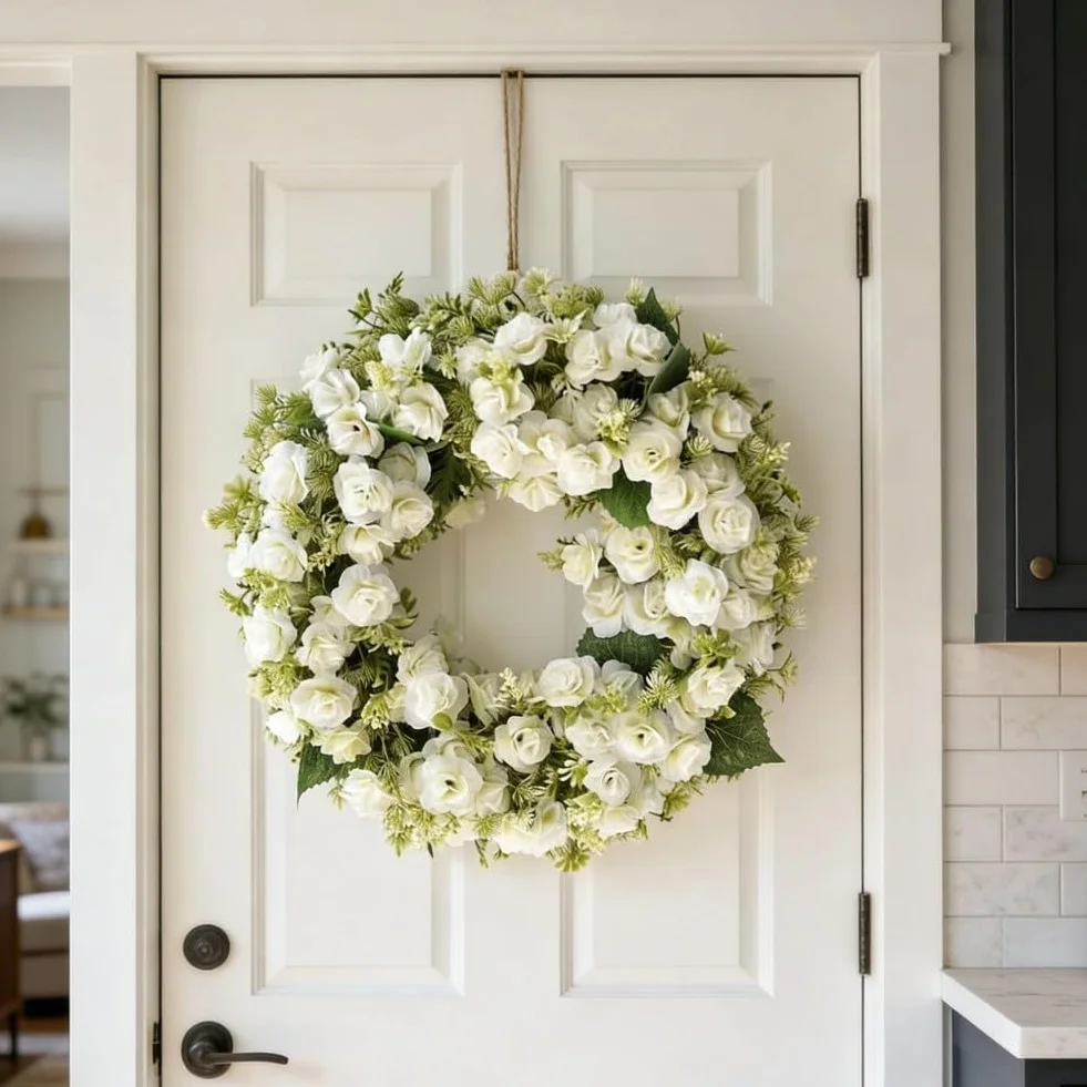 Corona de rosas con pétalos artificiales blancos y rosas para montaje en pared de puerta, primavera, verano, boda, interior y exterior (blanco)