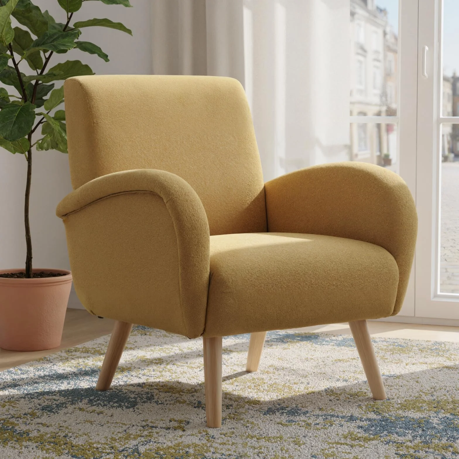Ya-Home Sillon Individual Moderno Butaca de Salón Tapizado en Chenilla,Silla Relax con Reposabrazos Minimalista Silla de Ocio con Patas Maderas para Dormitorio/Habitación,Amarillo