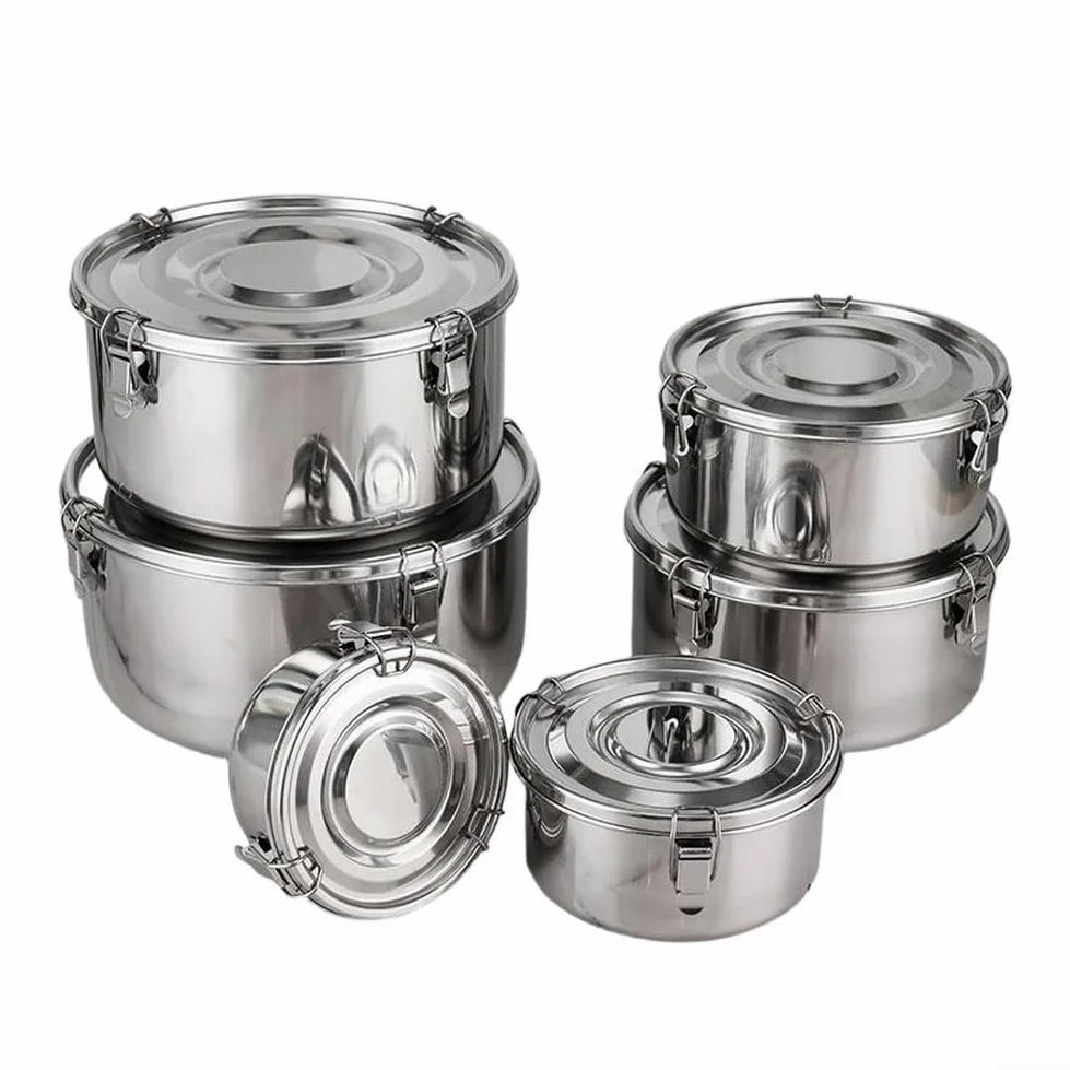 Cuenco de arroz de acero inoxidable 304 con tapa y hebilla, olla de vapor hermética para congelar alimentos, utensilios de cocina de larga duración, 1 pieza (juego de seis piezas)