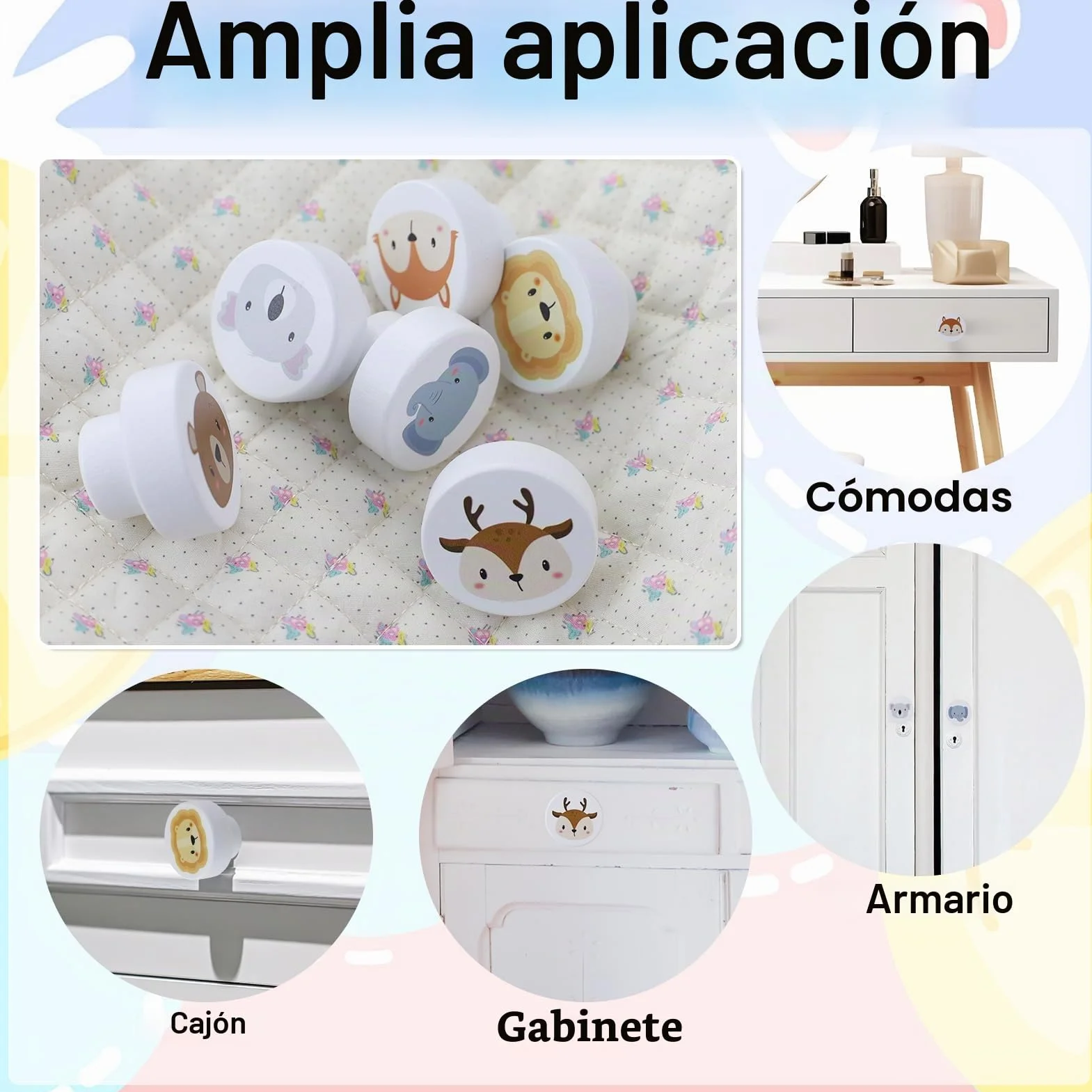 6 Piezas Pomos de madera para habitación infantil, pomos redondos con tornillos, pomo para armario infantil para Cajón de Tocador de Cocina (Patrón de Animales)