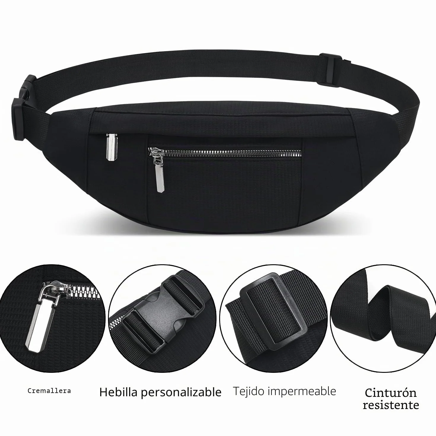 QUKUDS Riñonera Impermeable Mujer Hombre Bolso de Cintura Deportiva con Cinturón Ajustable Negro