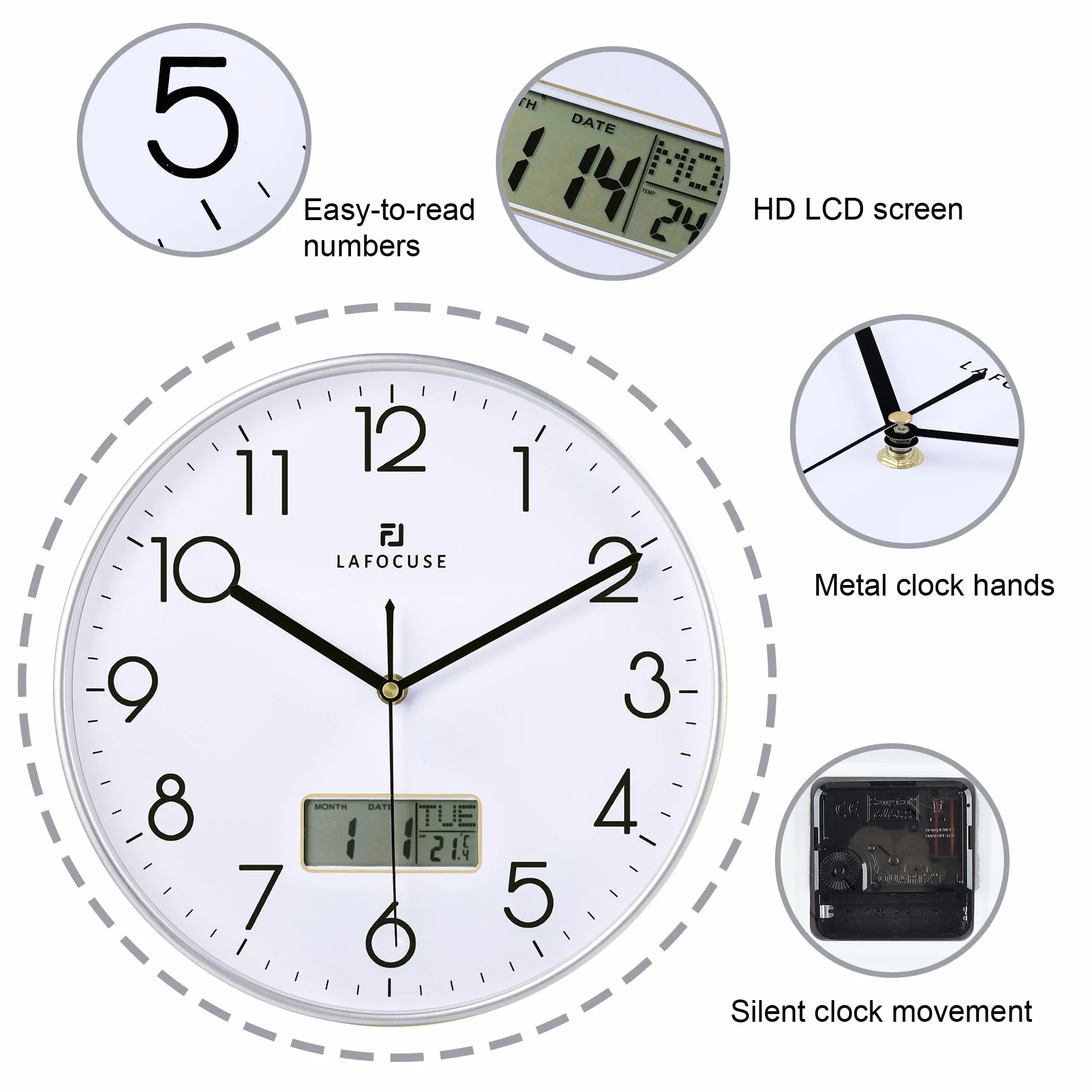 Lafocuse 30cm Reloj de Pared Calendario con Fecha y Termometro Digital LCD, Silencioso Moderno Plateado Reloj Cocina Pared, Fácil de Leer sin Tictac para Salon Dormitorio Oficina