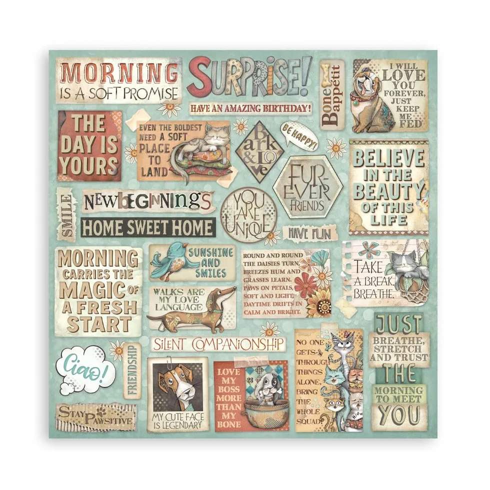 Stamperia - Scrapbook Paper Pad for Scrapbooking, Albums, Card Making, Bullet Journalling and More, Acid Free, Double-Sided, Perfect for Hobbies, Crafts, and Gifting (Furry Friends) (20.3 x 20.3cm)