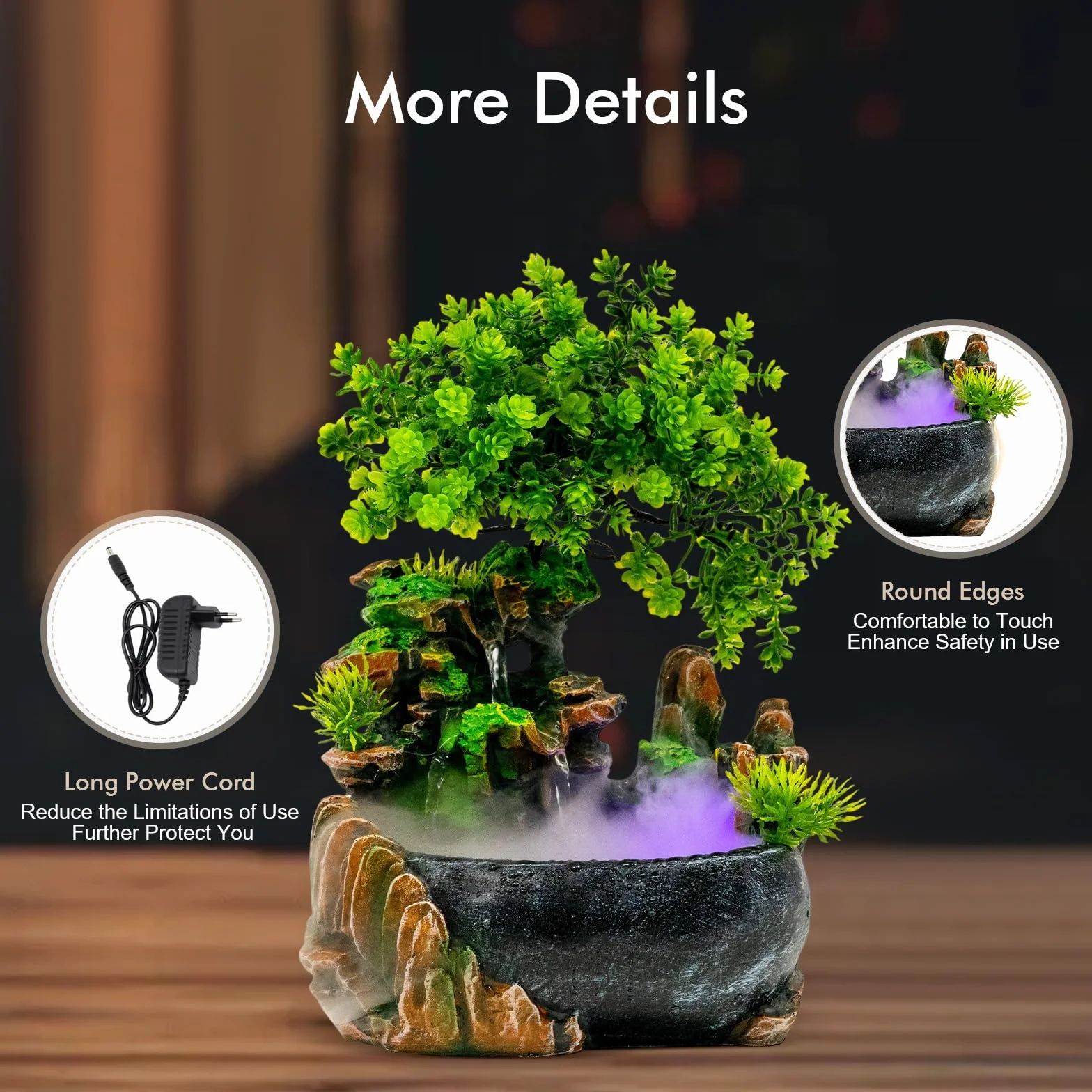 Fuente de escritorio, fuente de habitación con iluminación LED, fuente de mesa interior cascada con niebla, fuente de habitación con plantas, fuente para sala de estar, escritorio verde