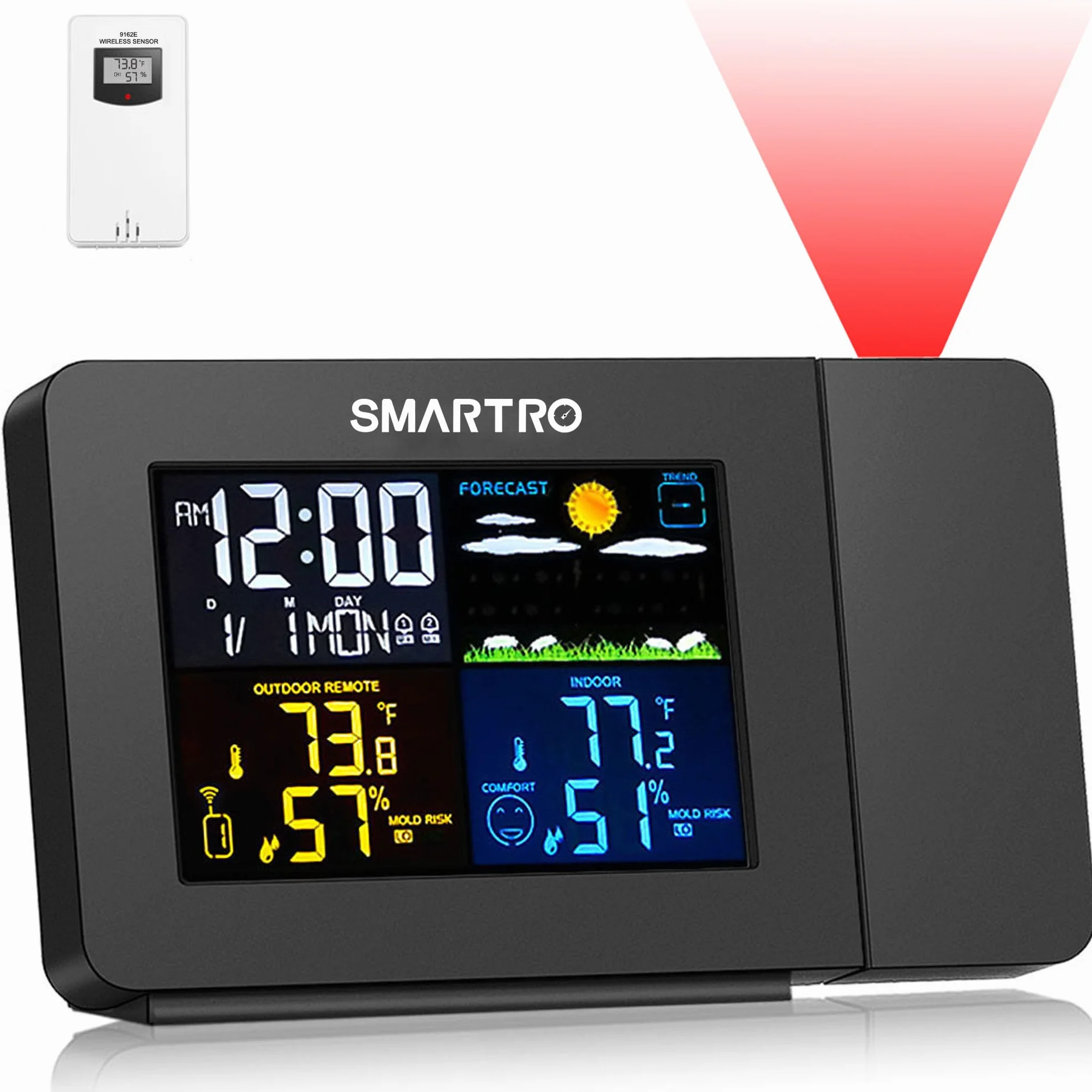 SMARTRO SC91 Despertador de proyección para dormitorios con estaciones meteorológicas, termómetros inalámbricos interiores y exteriores, monitores de temperatura y humedad y higrómetros