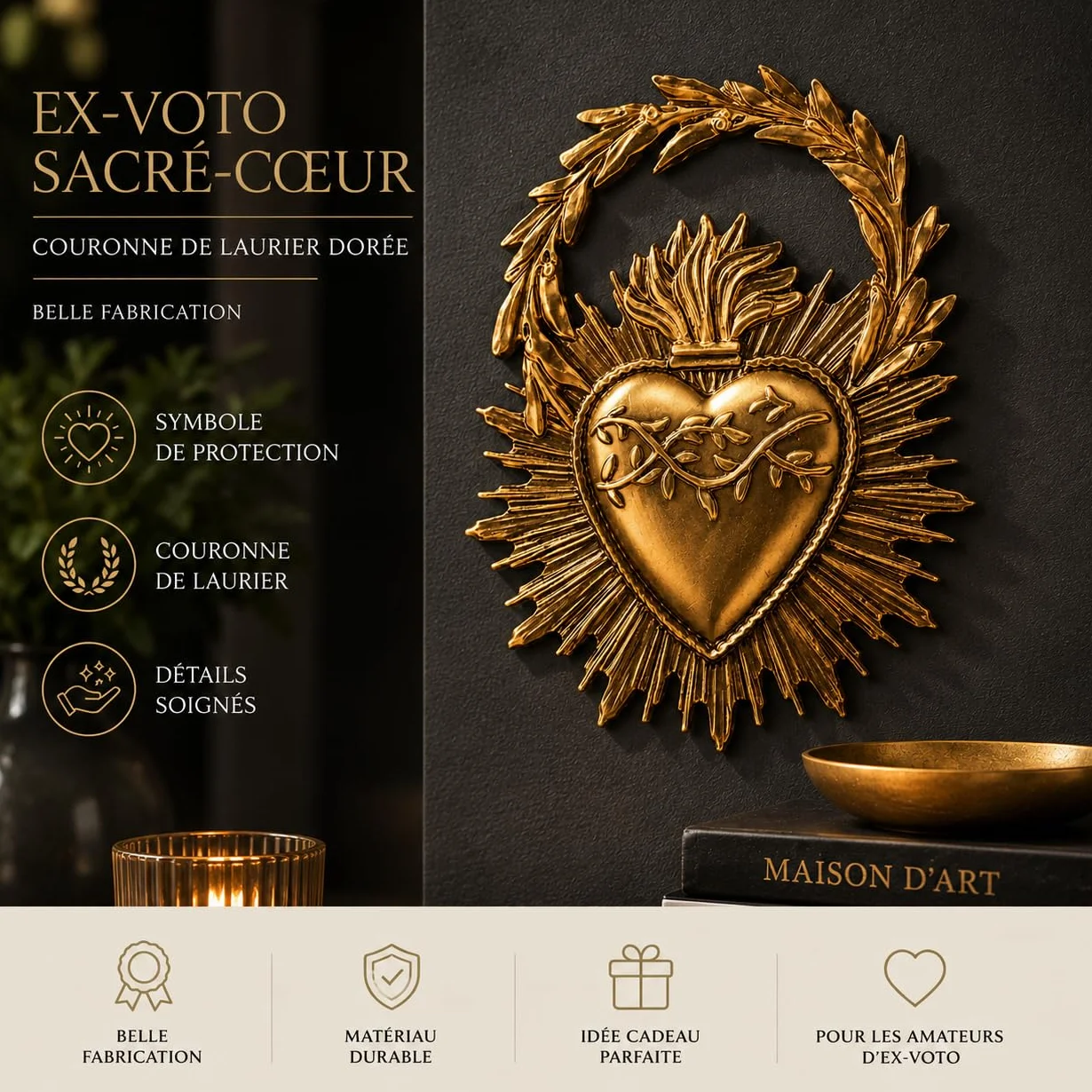 Genérico Ex-Voto Sagrado Corazón Decorativo, Corona de Laurel Dorada, Hermosa Fabricación Tamaño: 11,4 cm x 8,9 cm, Perfecto para coleccionistas de Ex-Votos