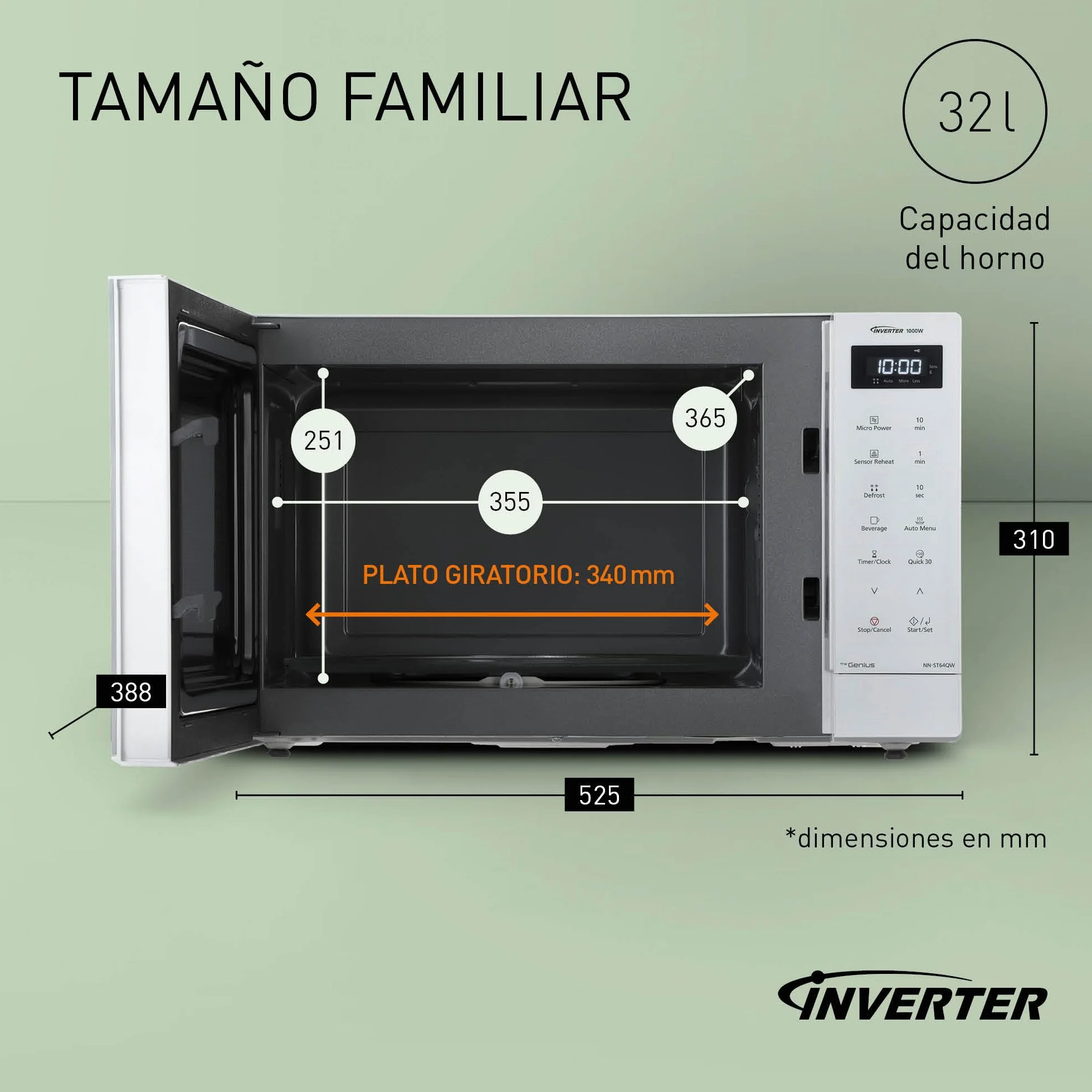 Panasonic NN-ST64QWEPG Microondas Solo Inverter 32L, 1000 Vatios Potencia, 20 programas automáticos, Función Quick 30, Control Táctil, Cocción Uniforme y Descongelación, Blanco