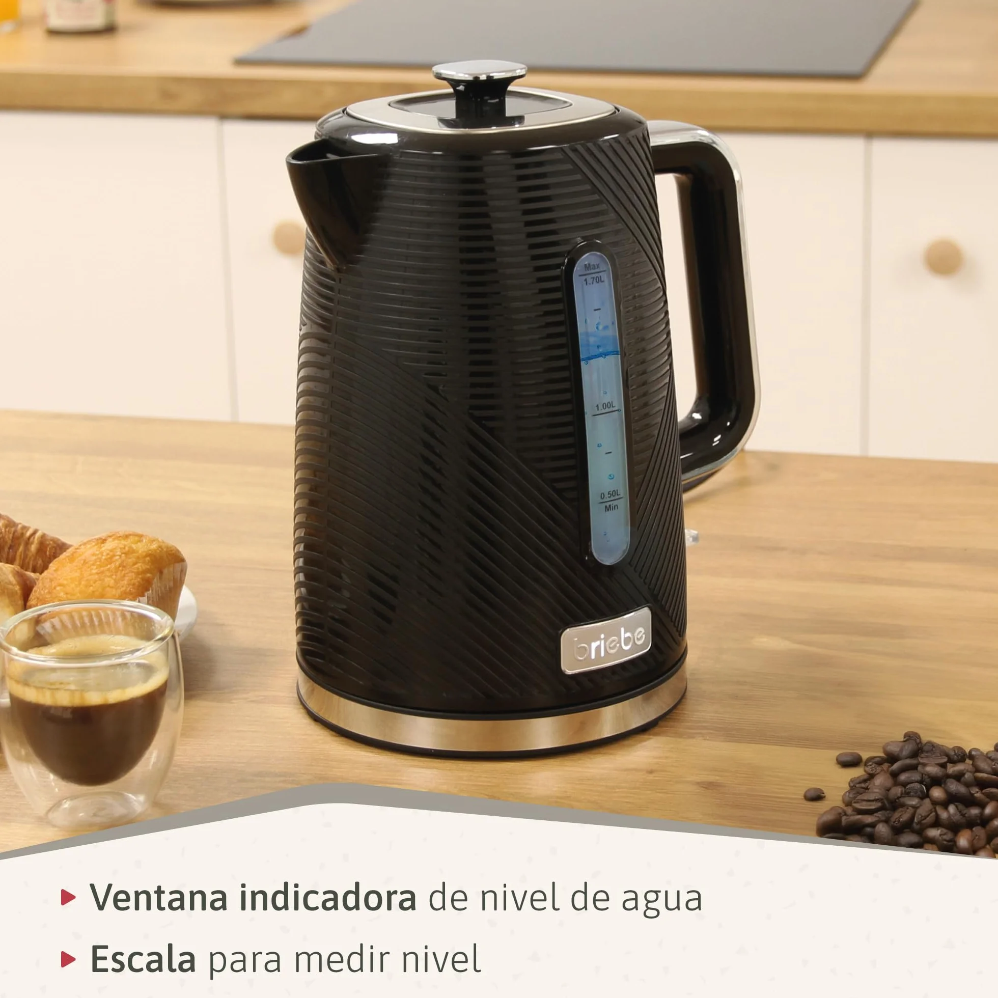 briebe Elegance Set Tostadora Pan 2 Rebanadas, 7 Niveles Tostado + Hervidor Agua Eléctrico 1,7L Inalámbrico, 2200W Libre BPA + Batidora de Mano 600W, 2 Velocidades, Acero Inoxidable, Negro