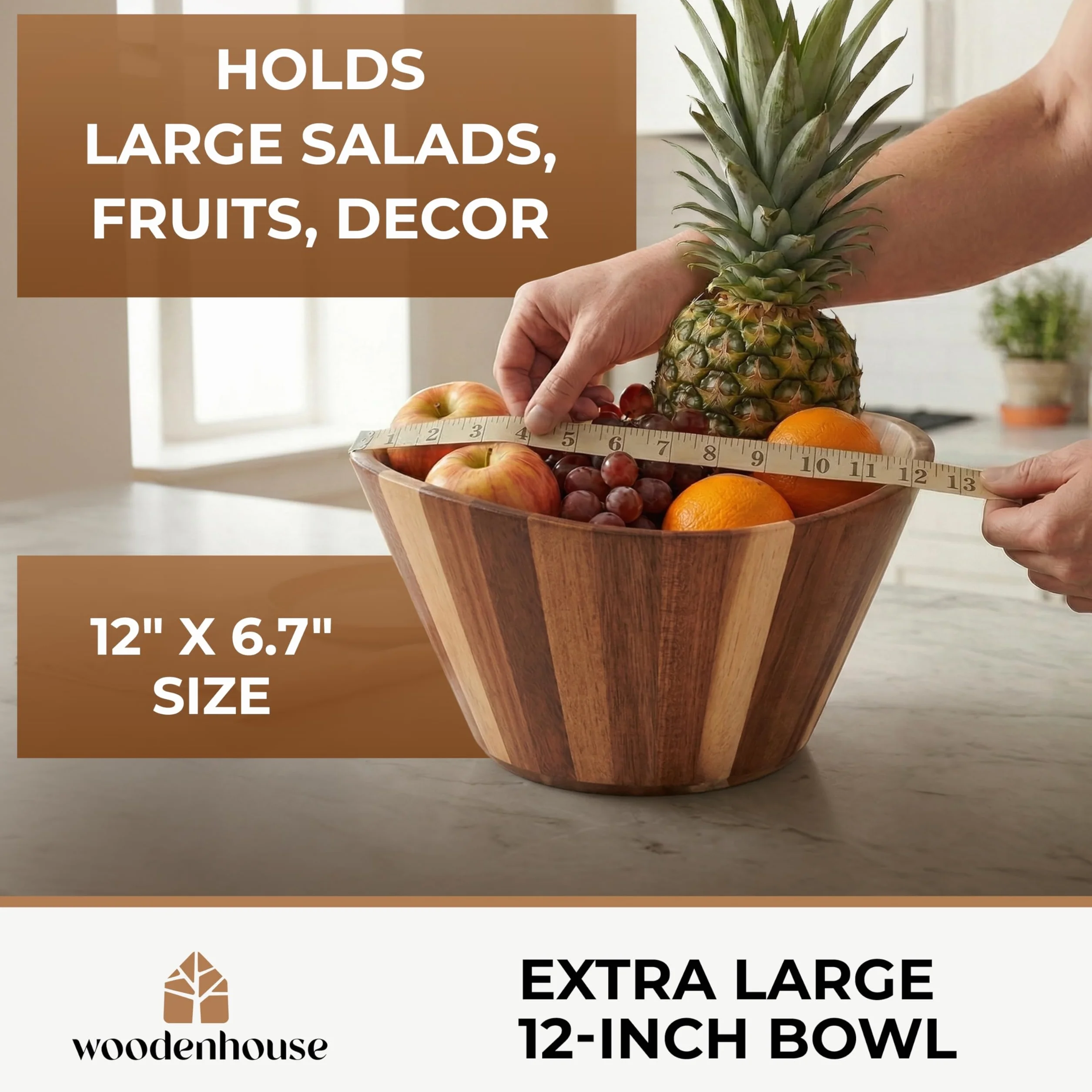 Ensaladera de madera extragrande – Cuencos de madera multiusos de acacia de 12 pulgadas, cuencos decorativos para decoración del hogar, almacenamiento, porción, hilo, diseño ondulado duradero hecho a